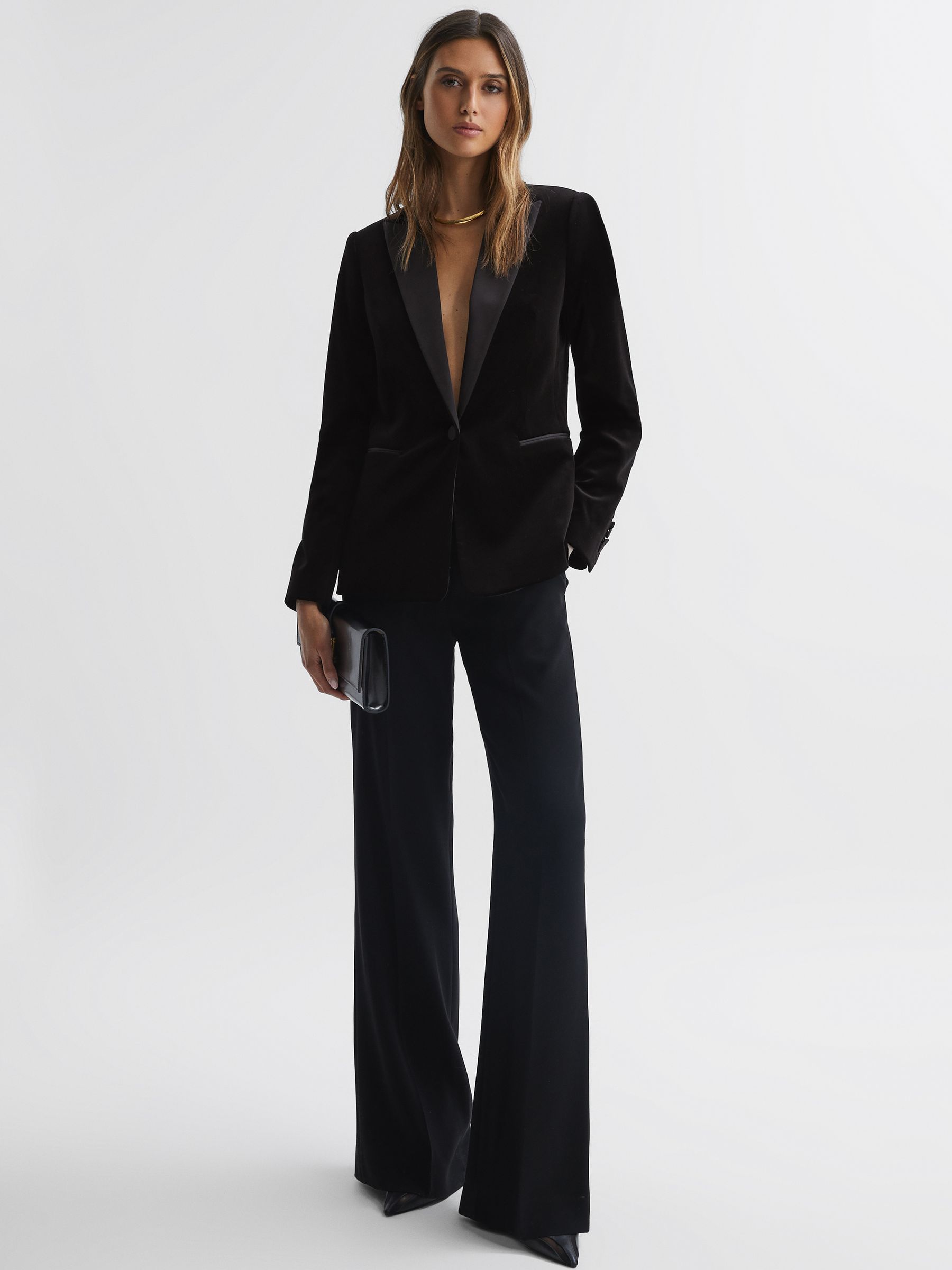 Petite Fitted Velvet Single Breasted Suit Blazer in Black - Image 1 of 7