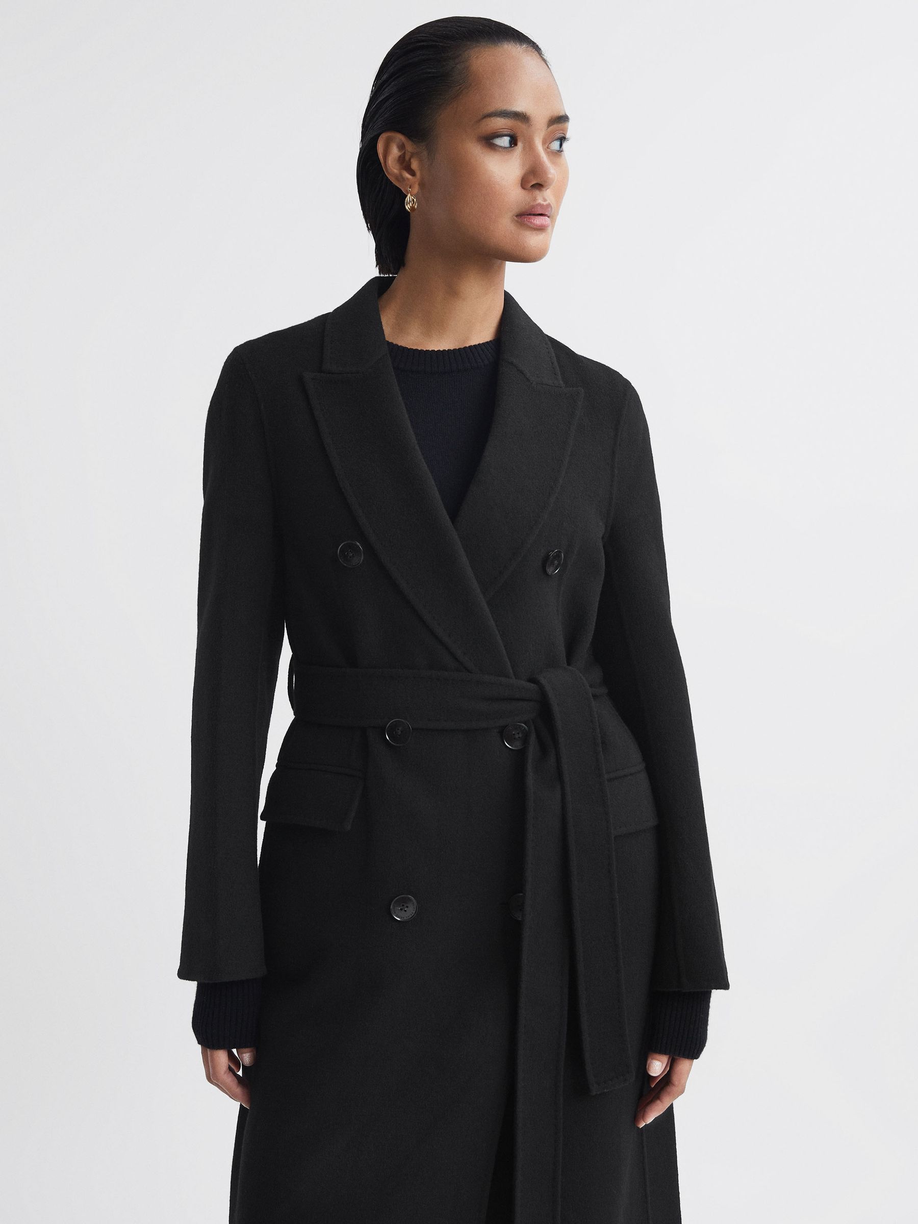 Petite Relaxed Wool Blend Blindseam Belted Coat in Black - Image 1 of 6