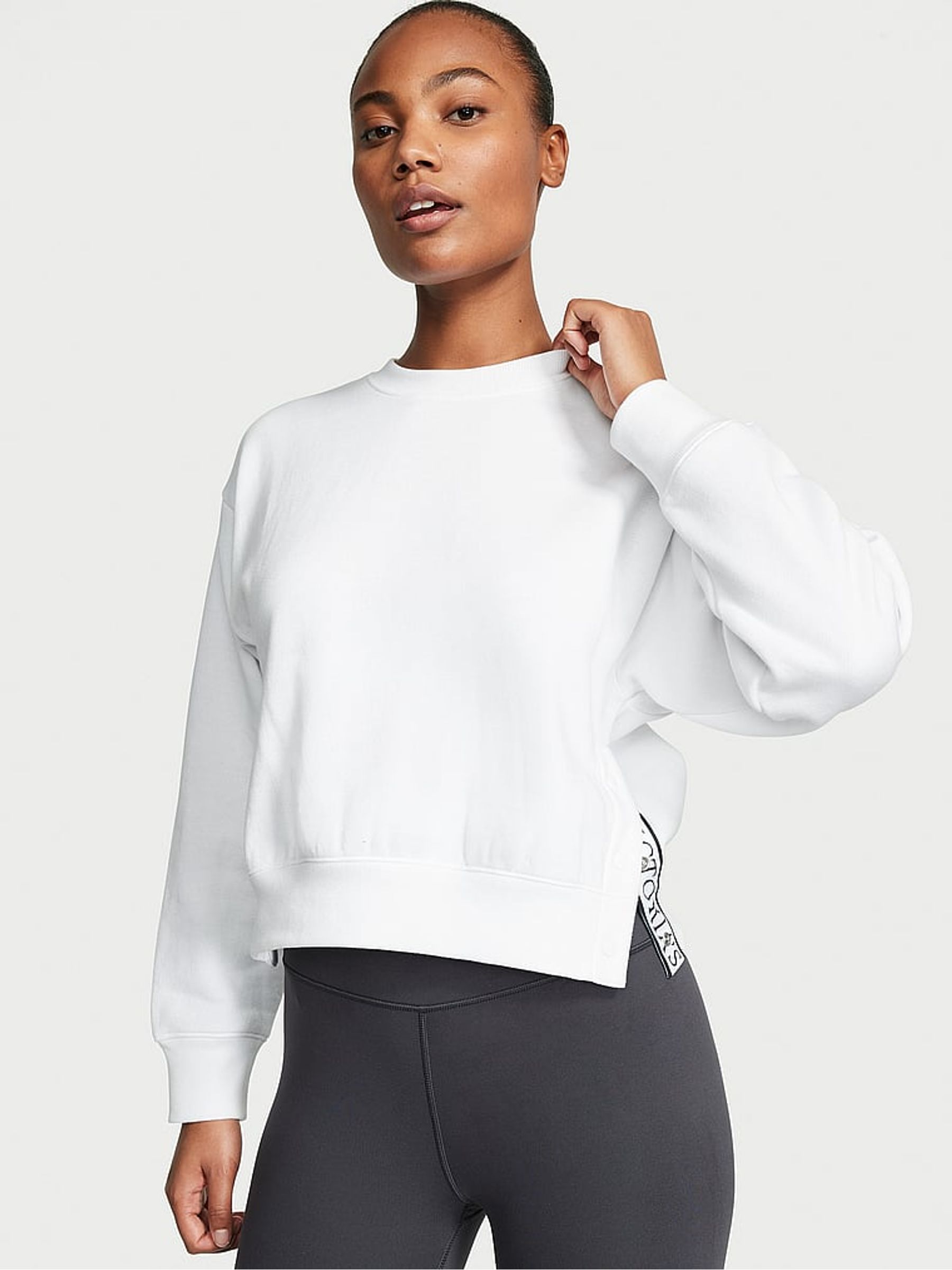 White Fleece Popper Crewneck Sweatshirt - Image 1 of 3 White Fleece Popper Crewneck Sweatshirt - Image 1 of 3