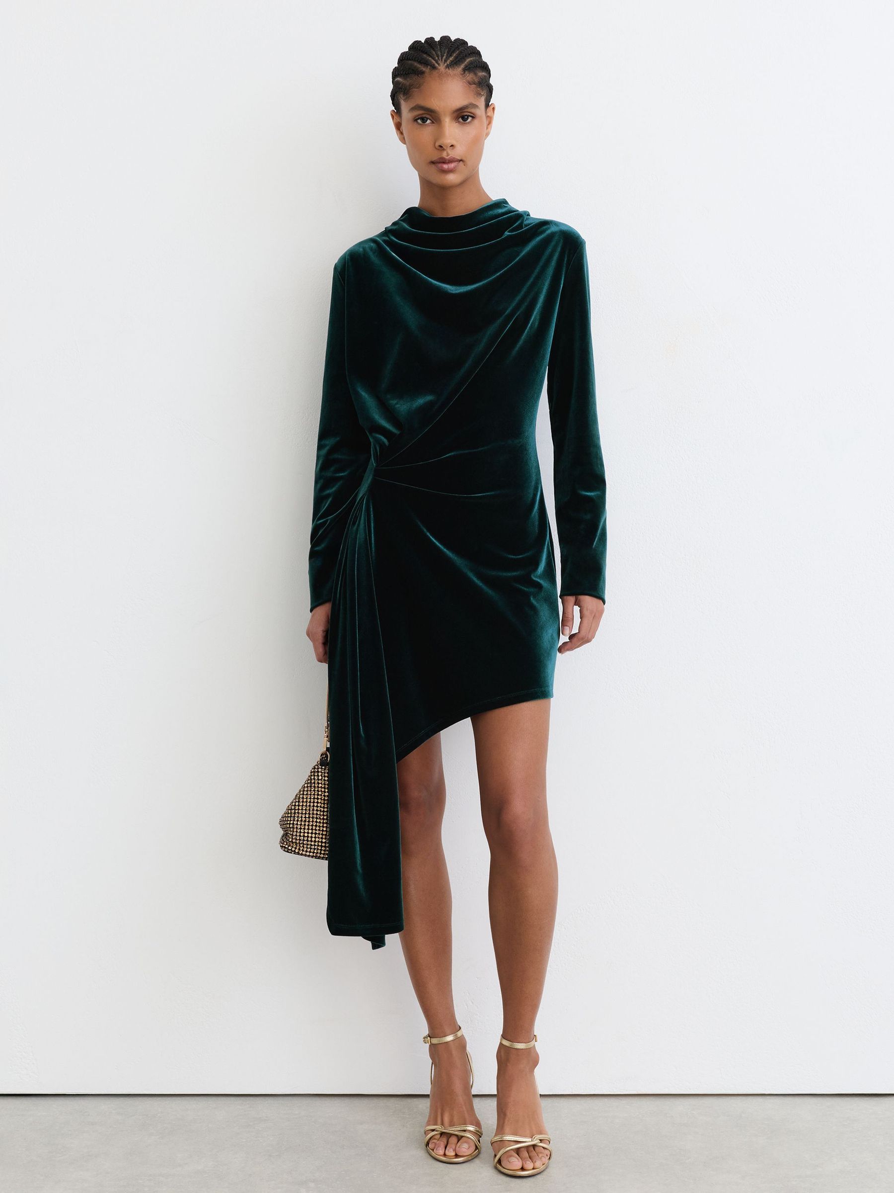 Velvet Draped Long-Sleeve Mini Dress in Teal Green by Reiss