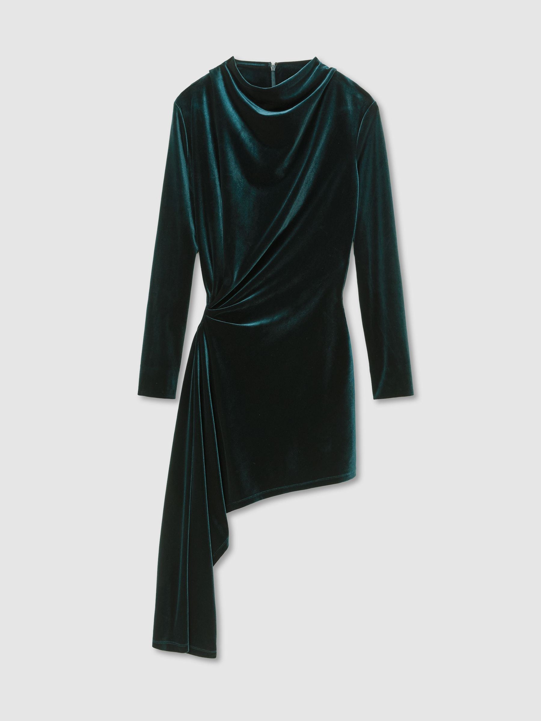 Velvet Draped Long-Sleeve Mini Dress in Teal Green - Image 2 of 8