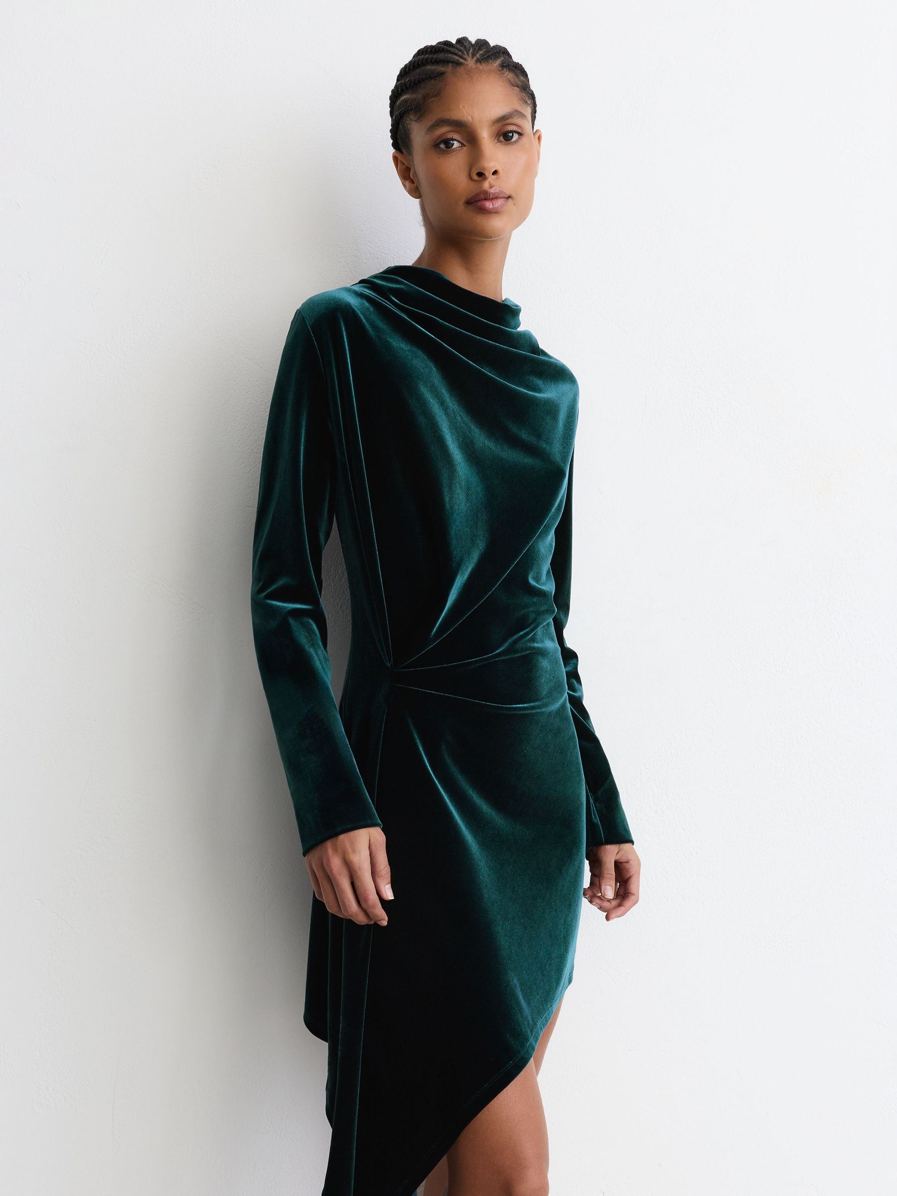 Velvet Draped Long-Sleeve Mini Dress in Teal Green - Image 3 of 8