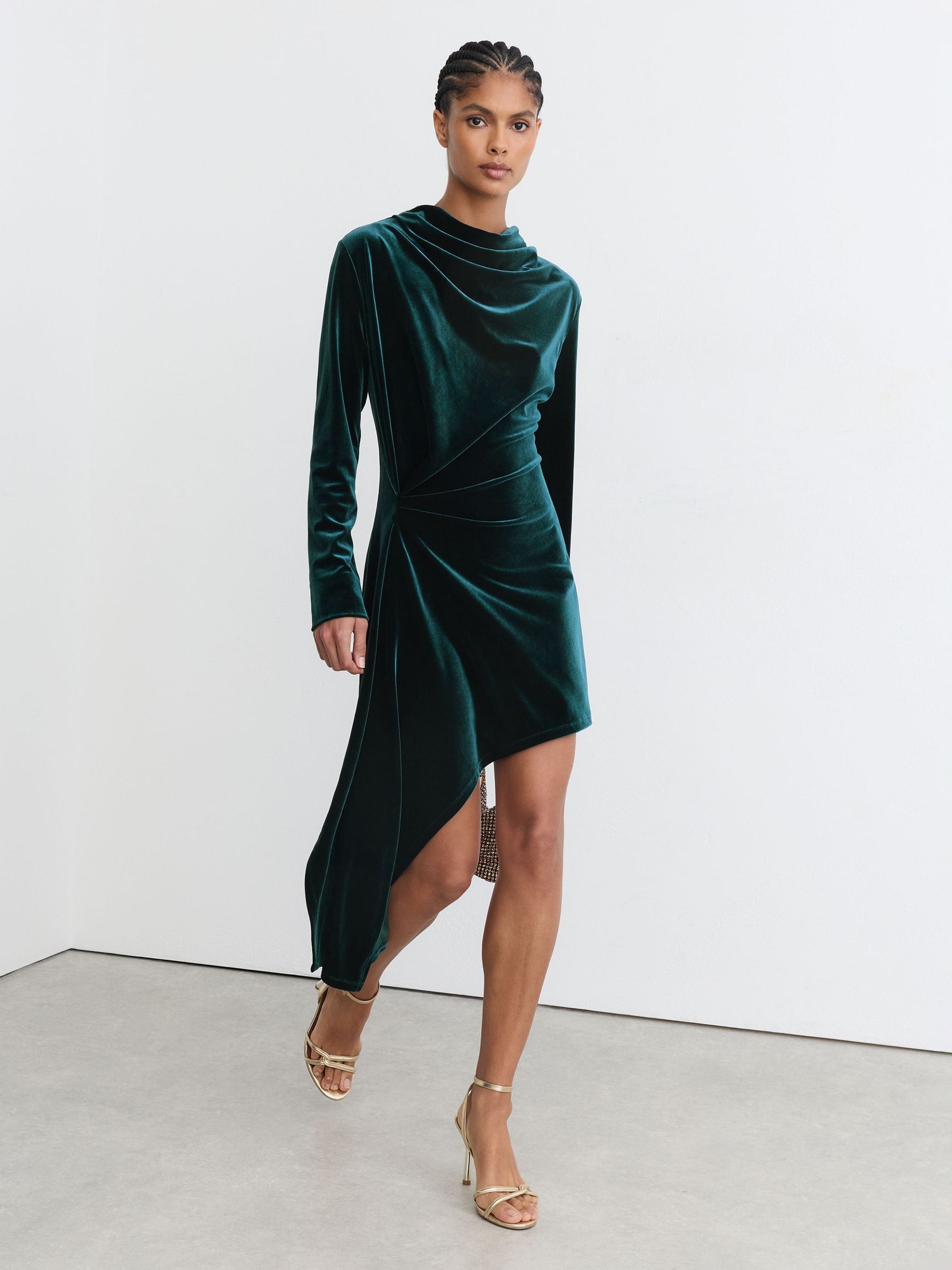 Velvet Draped Long-Sleeve Mini Dress in Teal Green - Image 4 of 8