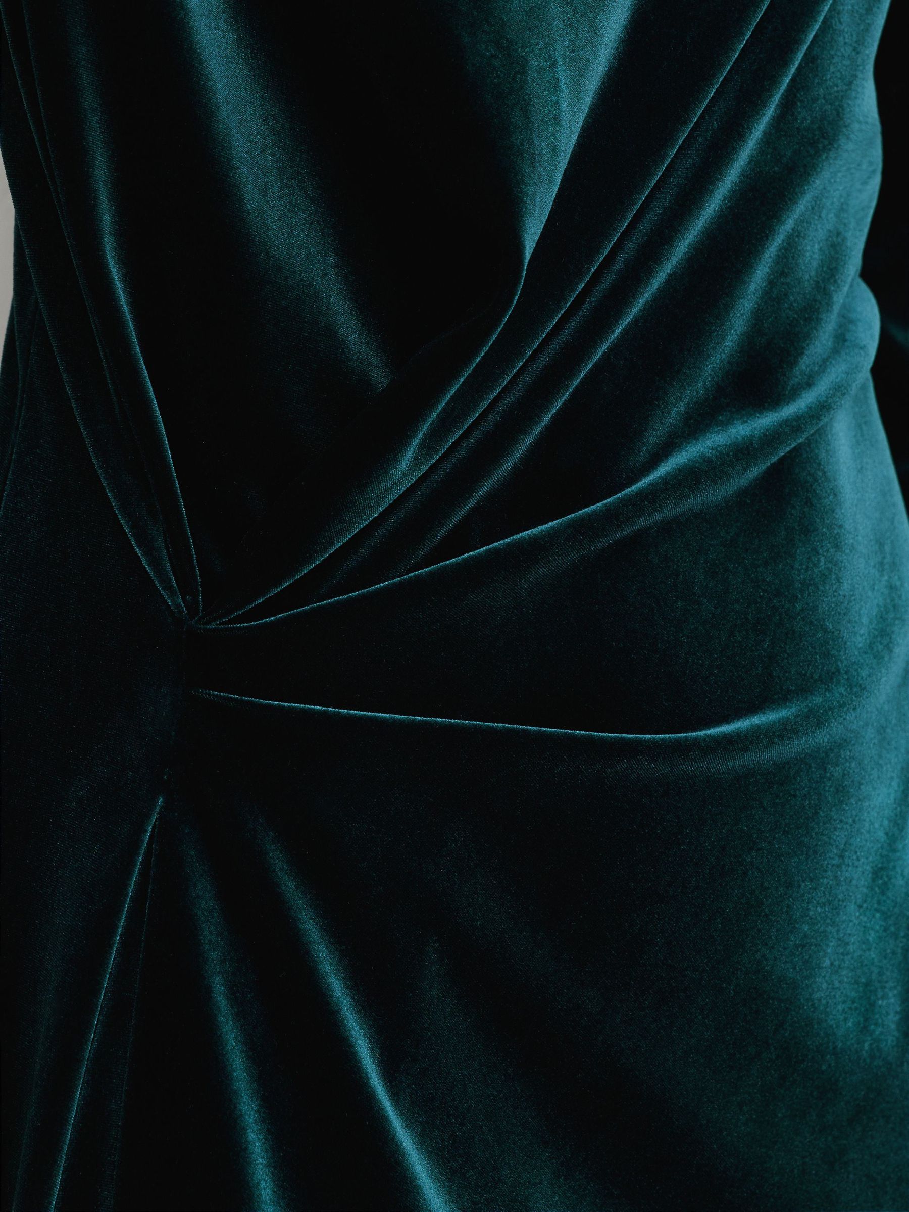 Velvet Draped Long-Sleeve Mini Dress in Teal Green - Image 6 of 8