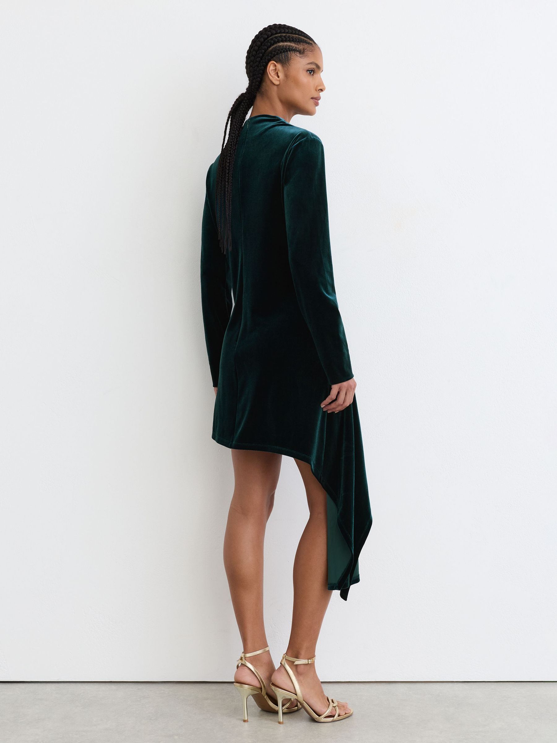 Velvet Draped Long-Sleeve Mini Dress in Teal Green - Image 7 of 8