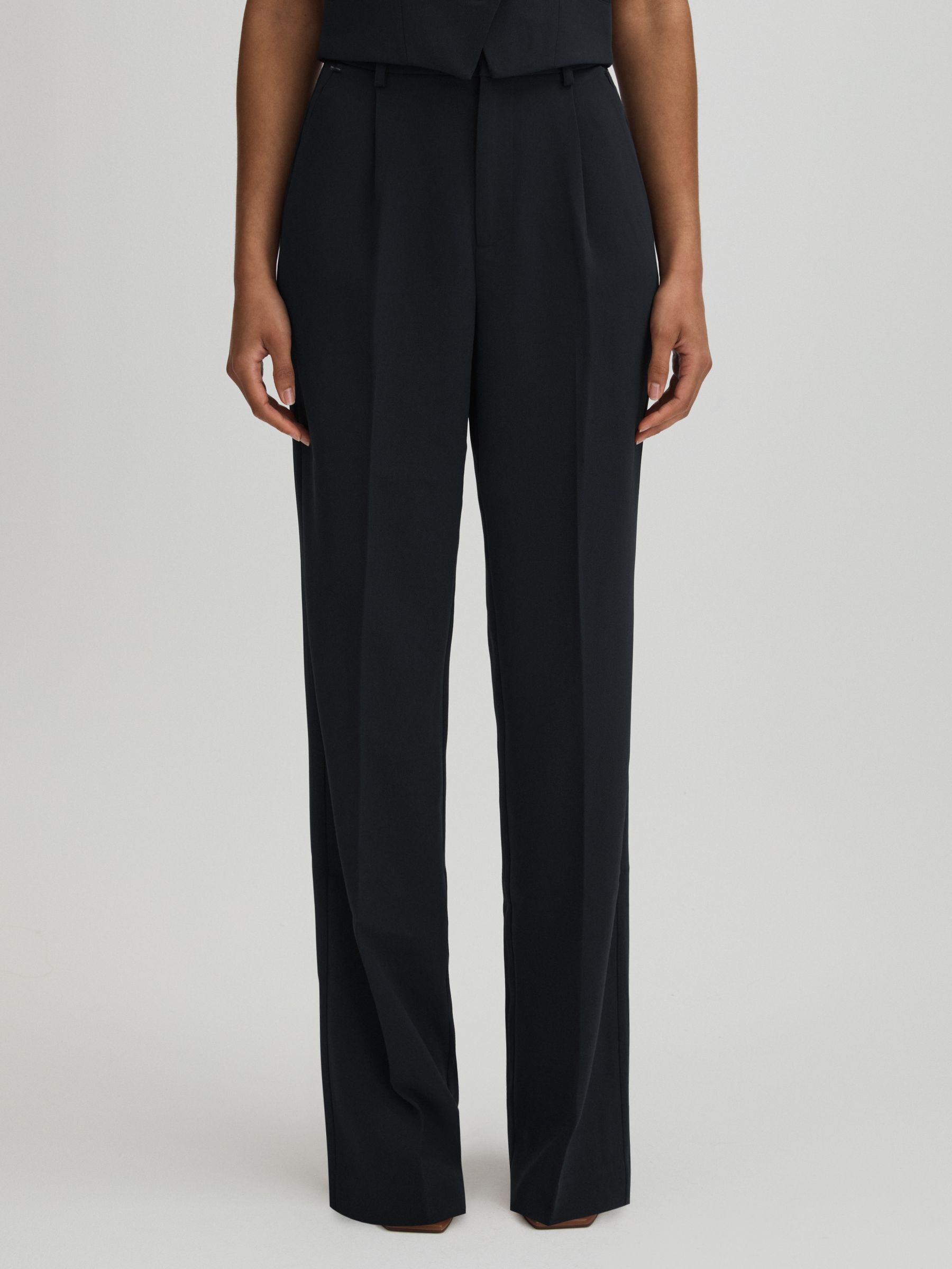 High Rise Pleat Front Trousers in Navy - Image 3 of 5