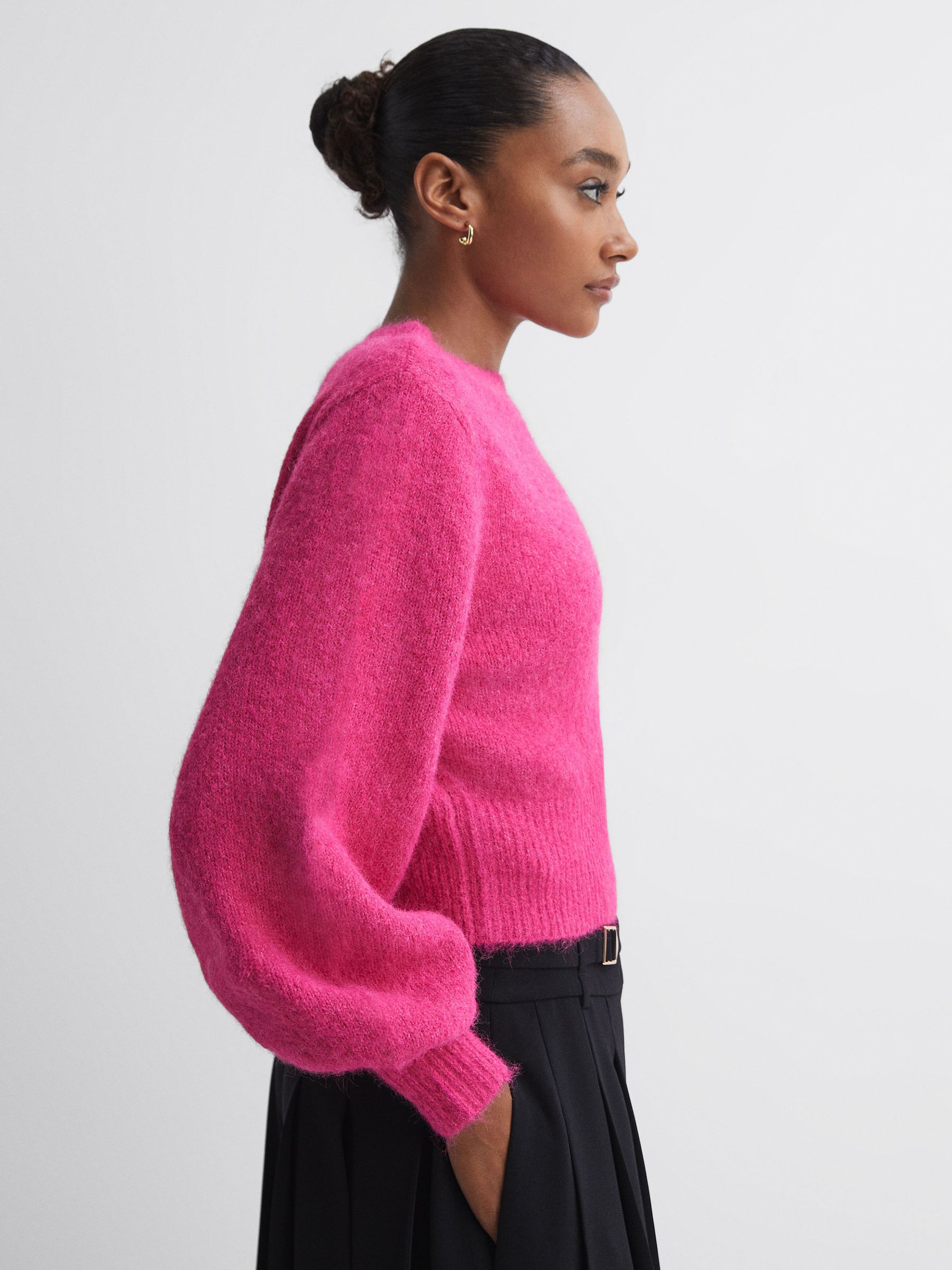 Florere Fluffy Crew Neck Jumper in Bright Pink - Image 1 of 6