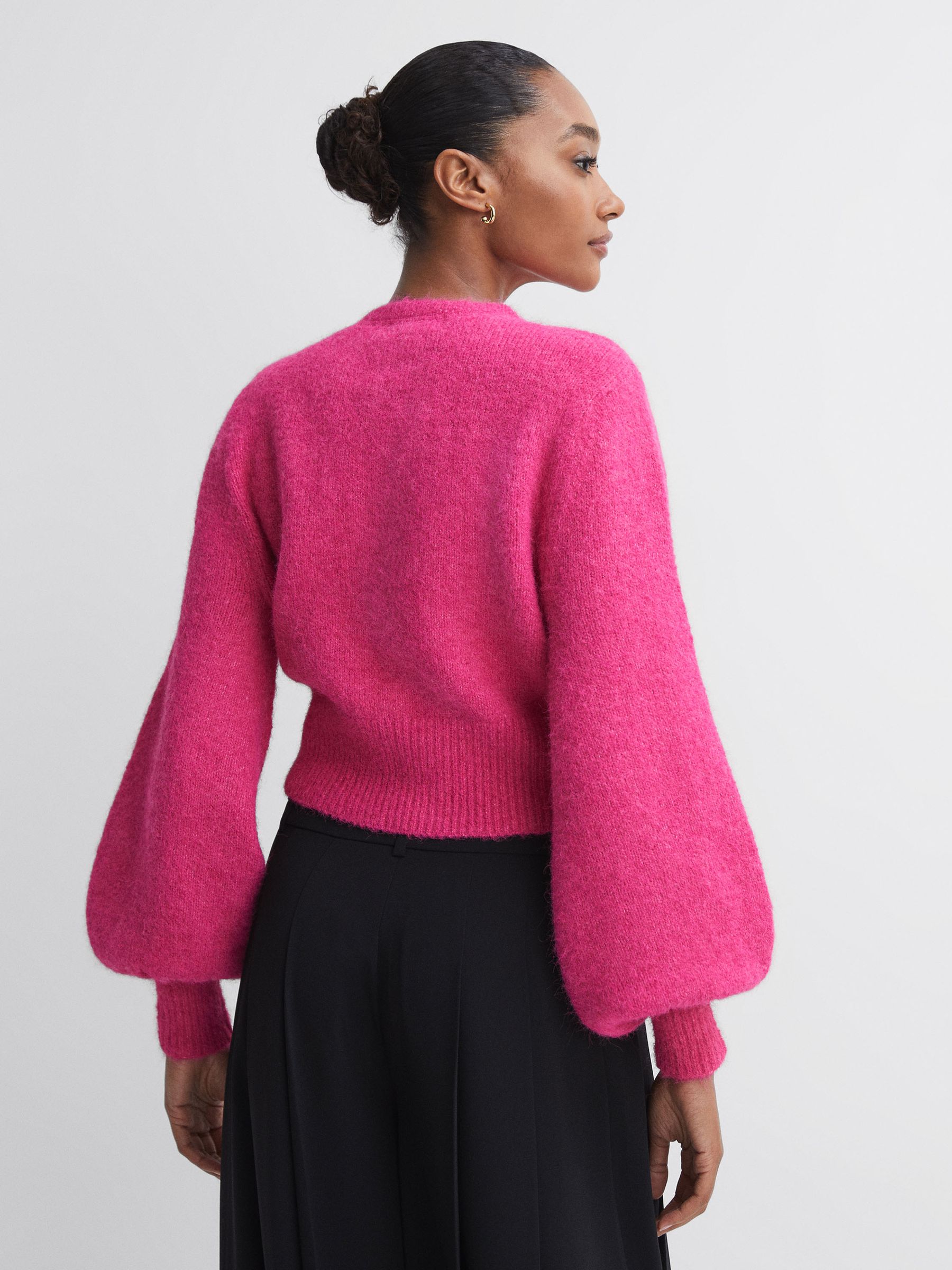 Florere Fluffy Crew Neck Jumper in Bright Pink - Image 4 of 6