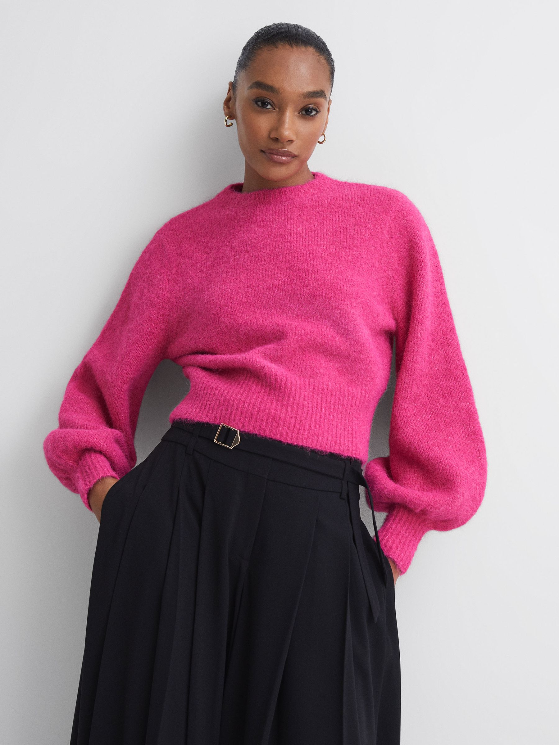 Florere Fluffy Crew Neck Jumper in Bright Pink - Image 5 of 6