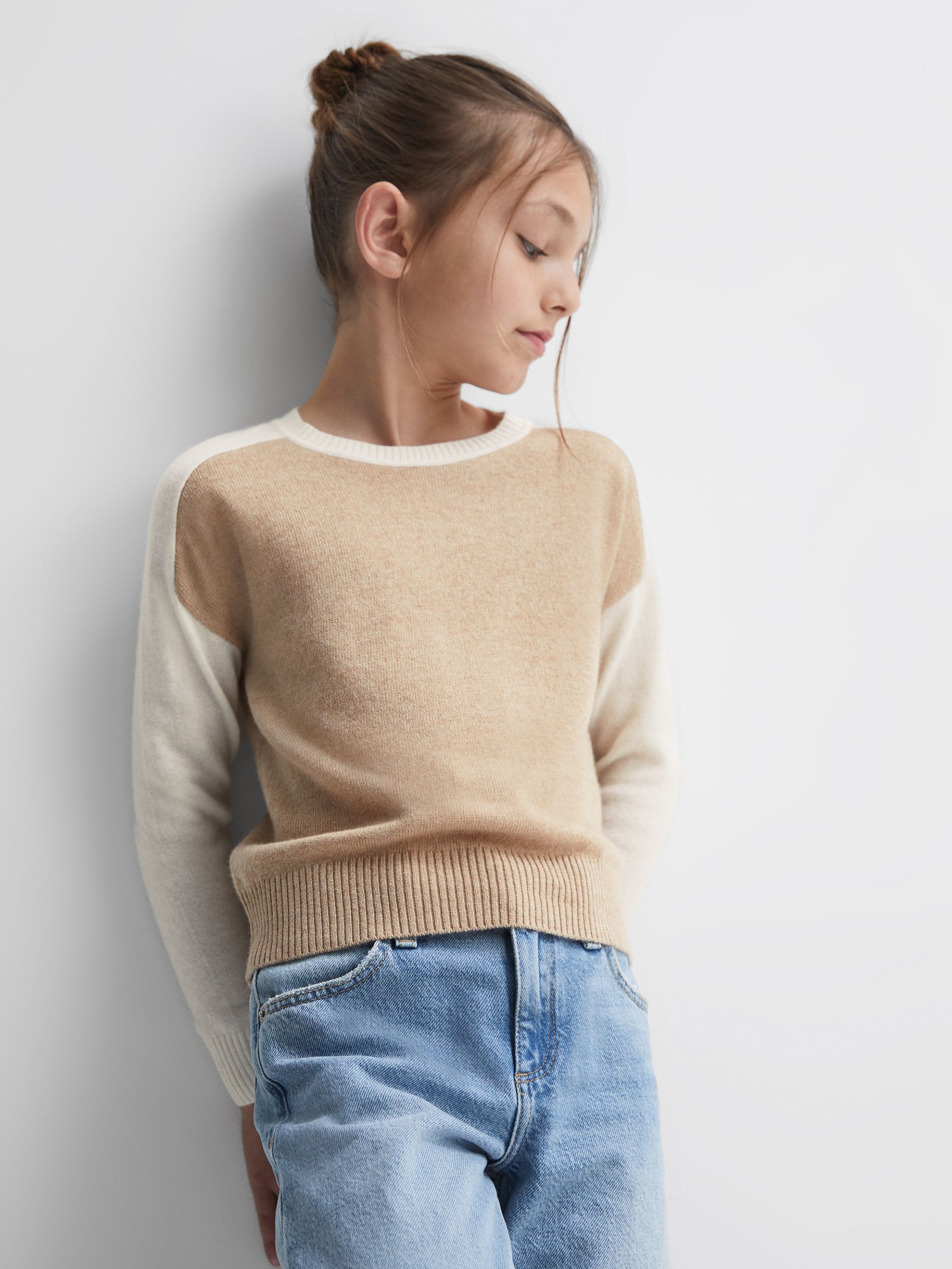 9-14 yrs Colourblock Crew Neck Jumper in Camel - Image 3 of 6