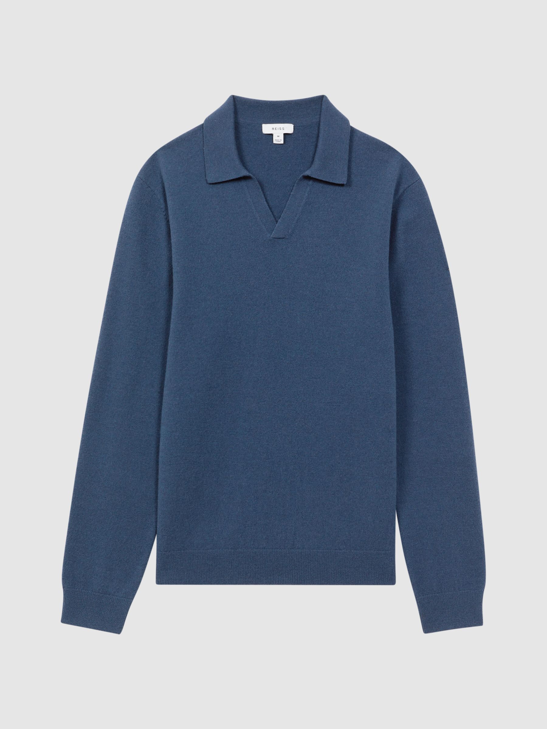 Merino Wool Open Collar Top in Petrol Blue - Image 2 of 4