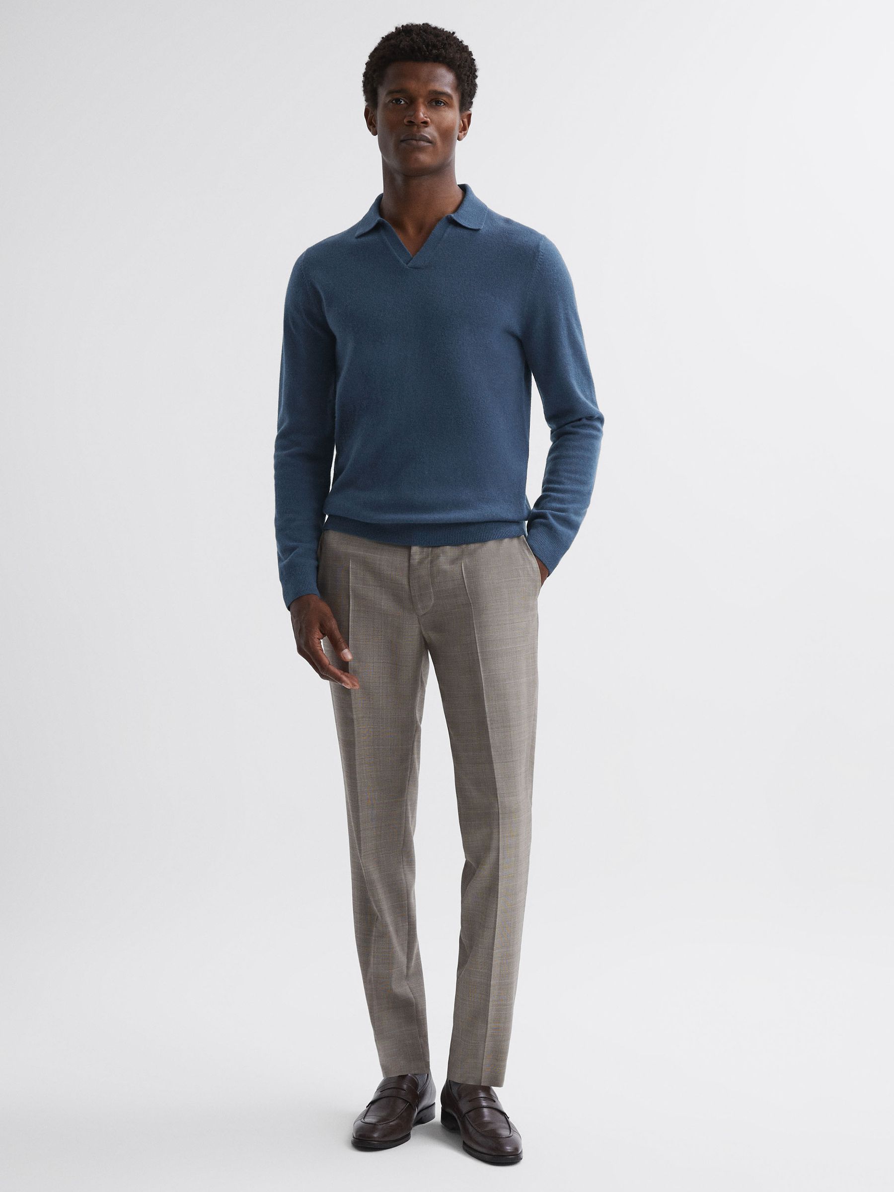 Merino Wool Open Collar Top in Petrol Blue - Image 3 of 4