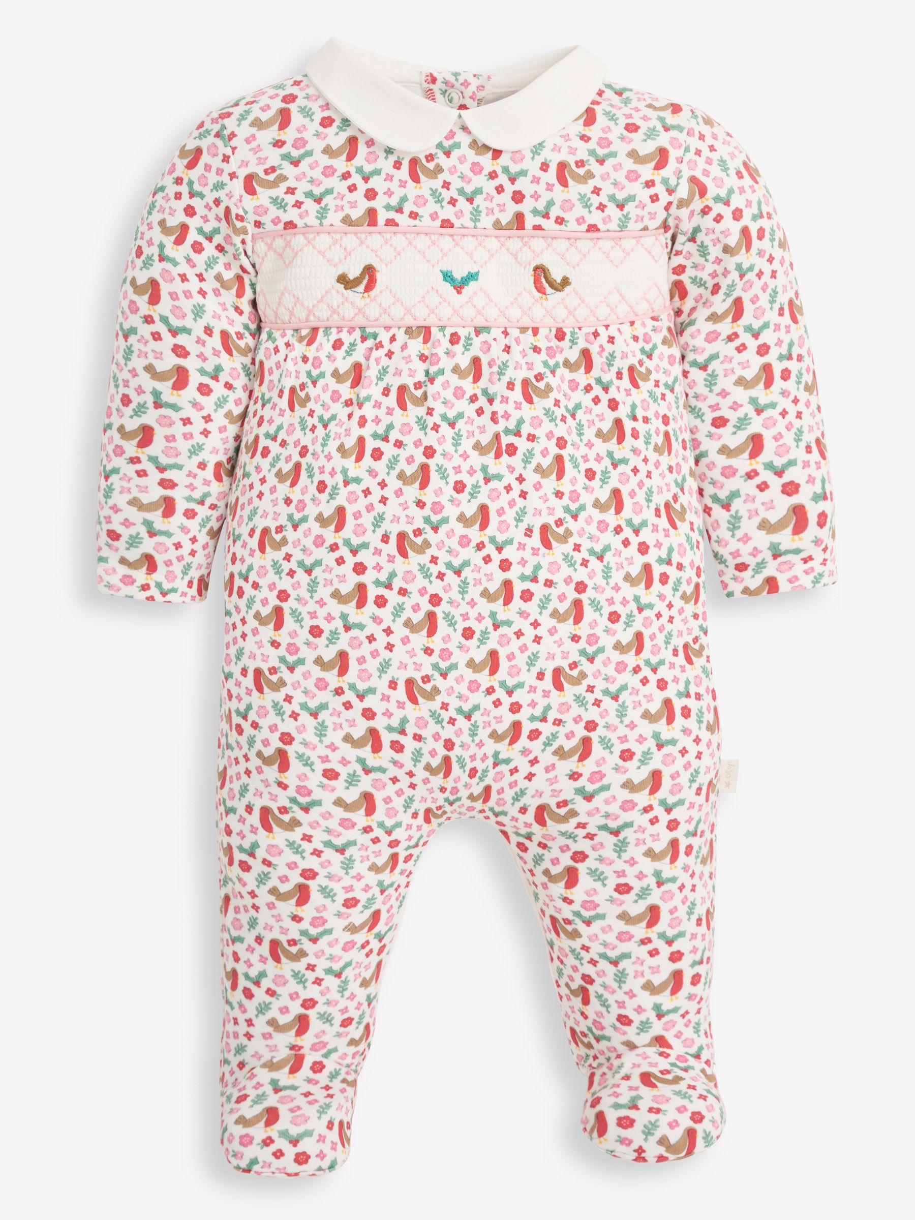 Robin Print Smocked Baby Sleepsuit in Cream - Image 1 of 2
