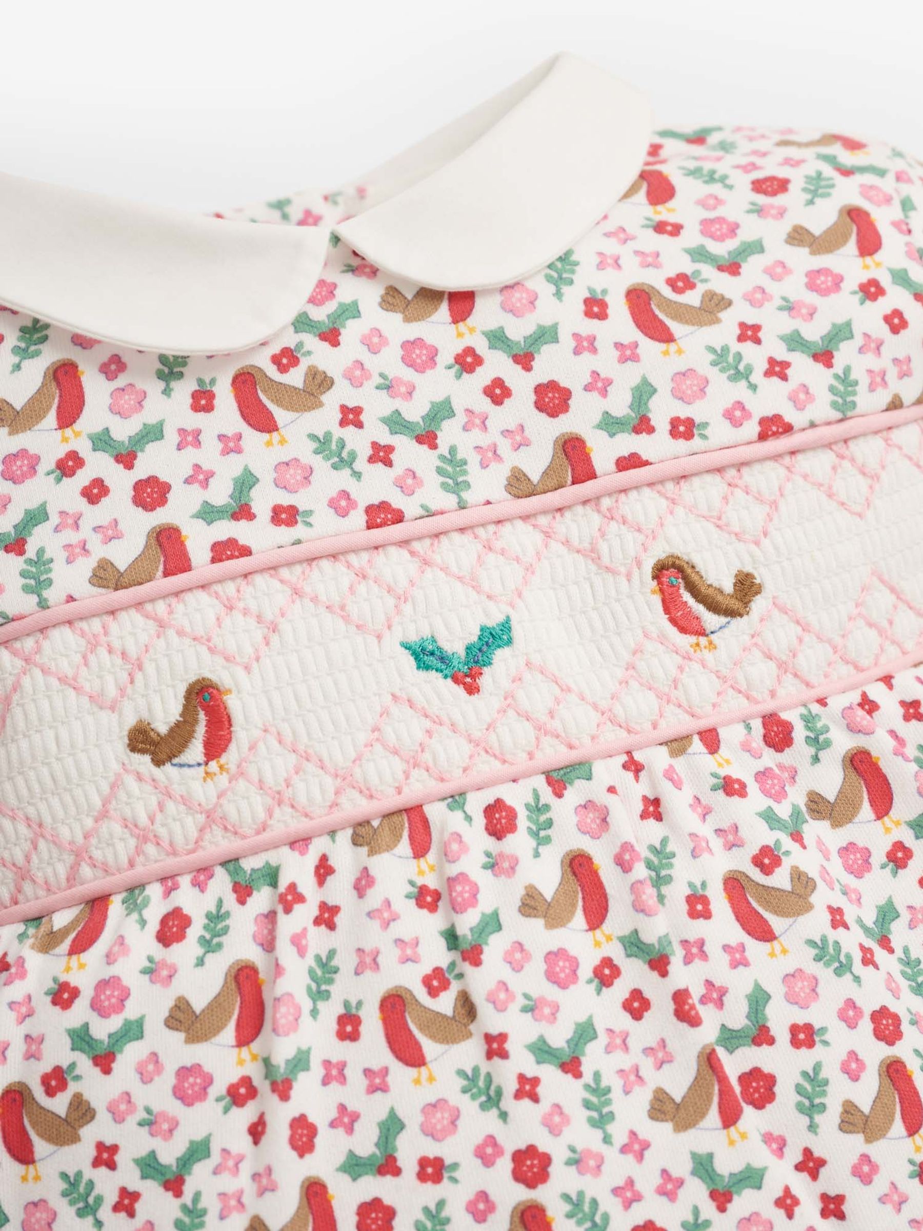 Robin Print Smocked Baby Sleepsuit in Cream - Image 2 of 2