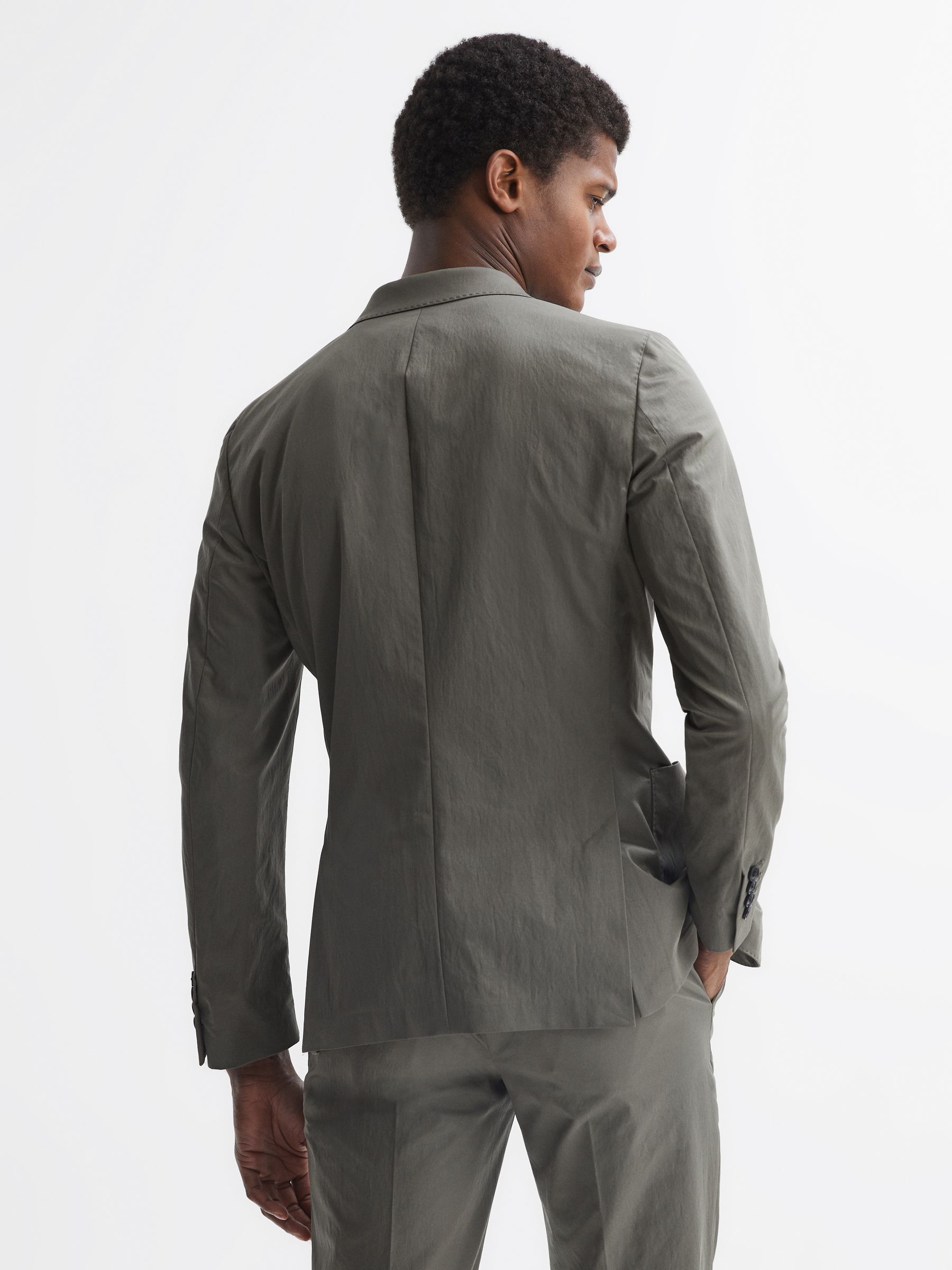 Single Breasted Technical Slim Fit Blazer in Khaki - Image 4 of 6
