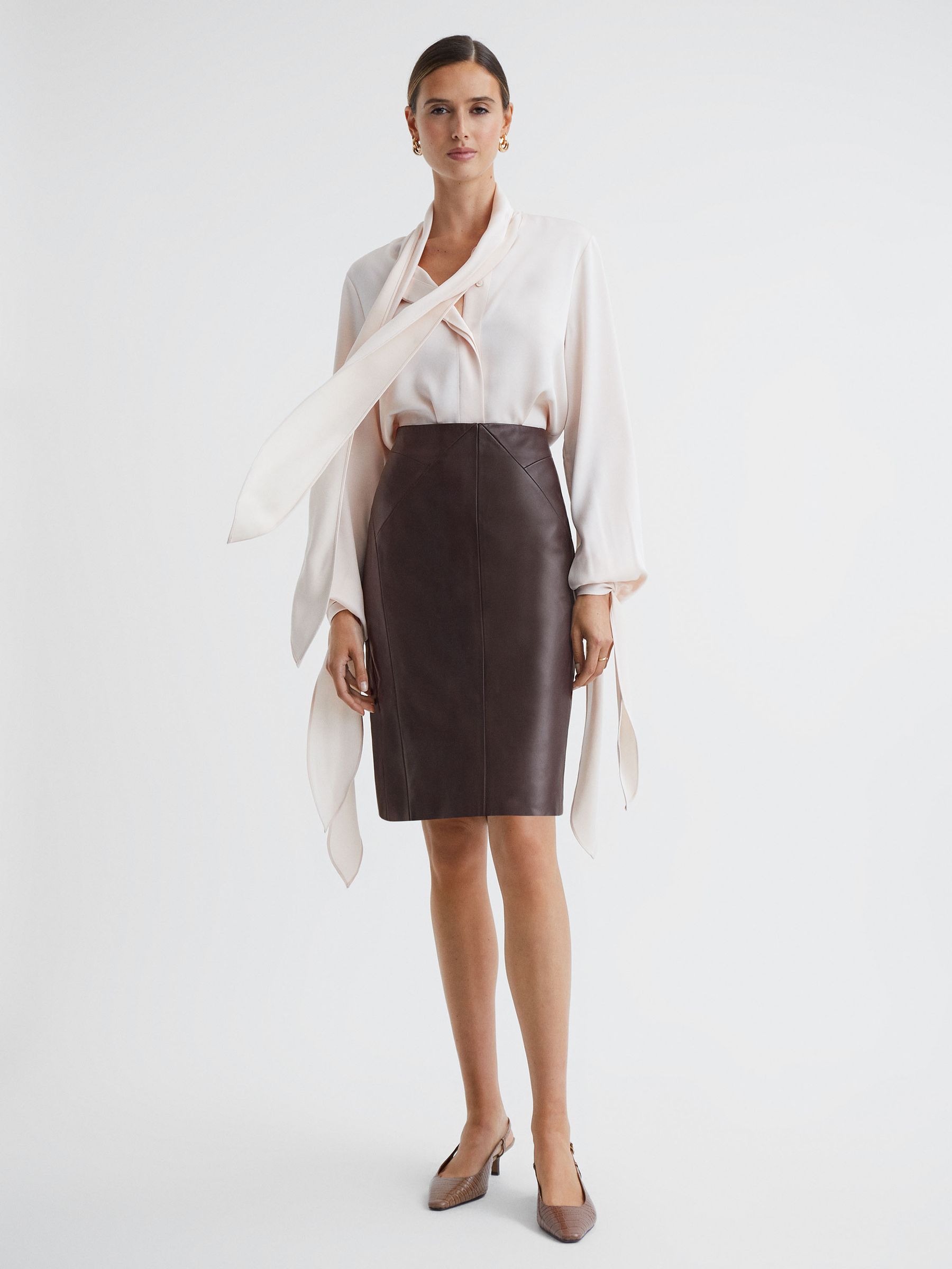 Leather High Rise Midi Skirt in Berry - Image 1 of 5