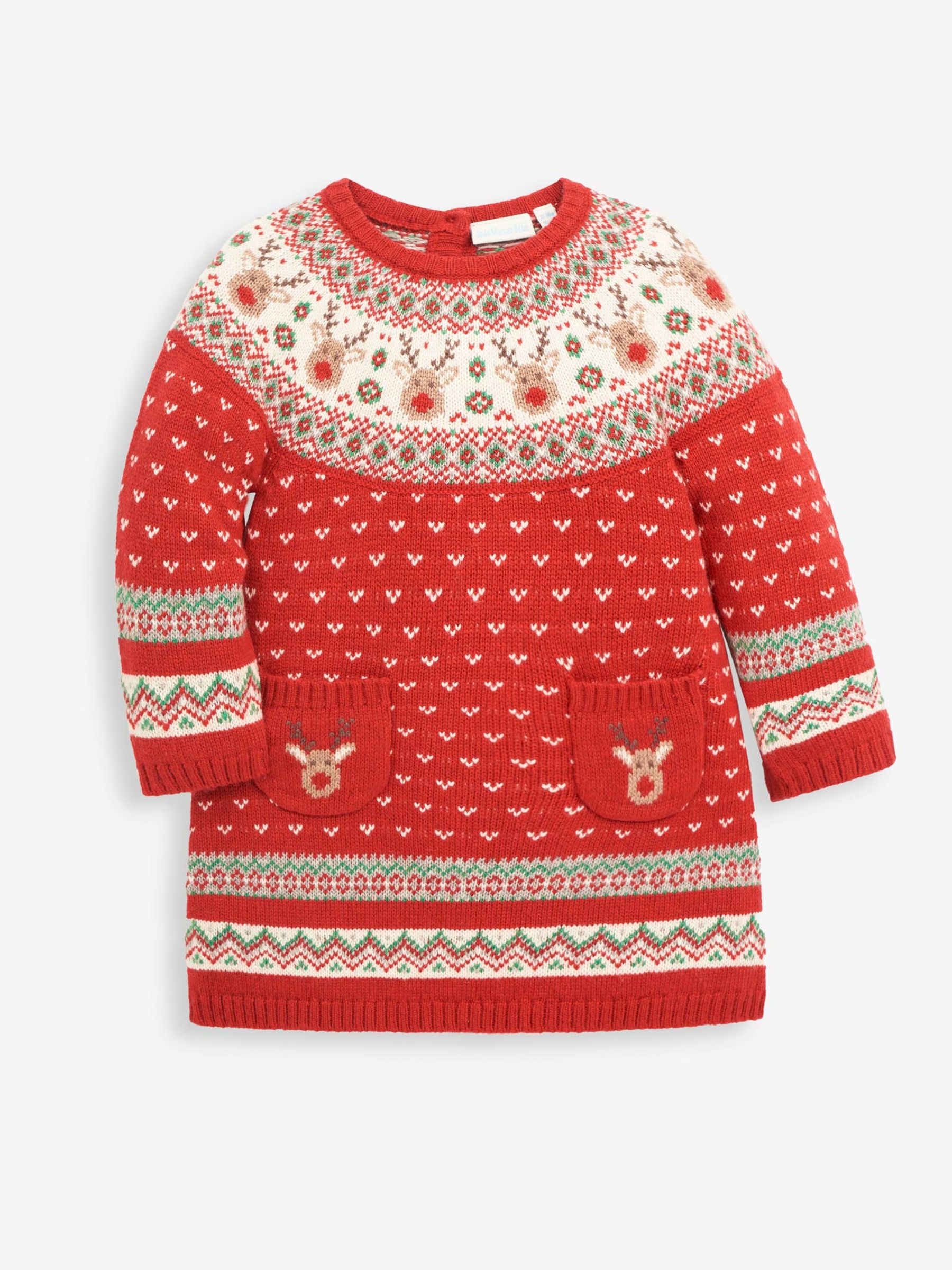 Red Knitted Christmas Reindeer Fairisle Pattern Dress - Image 1 of 3