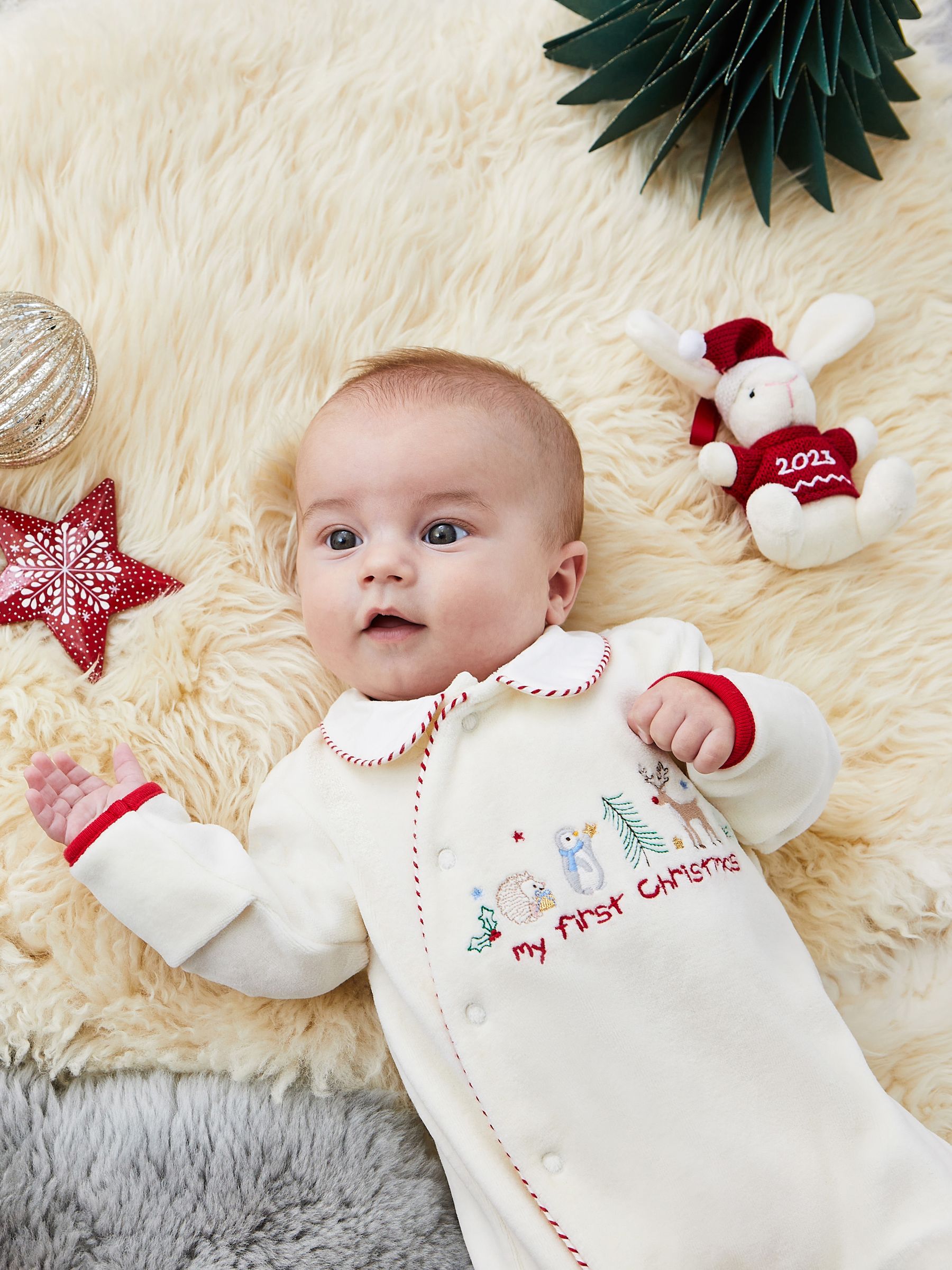 Ecru Cream Navy Blue Stripe My First Christmas Appliqué Baby All-In-One - Image 3 of 6