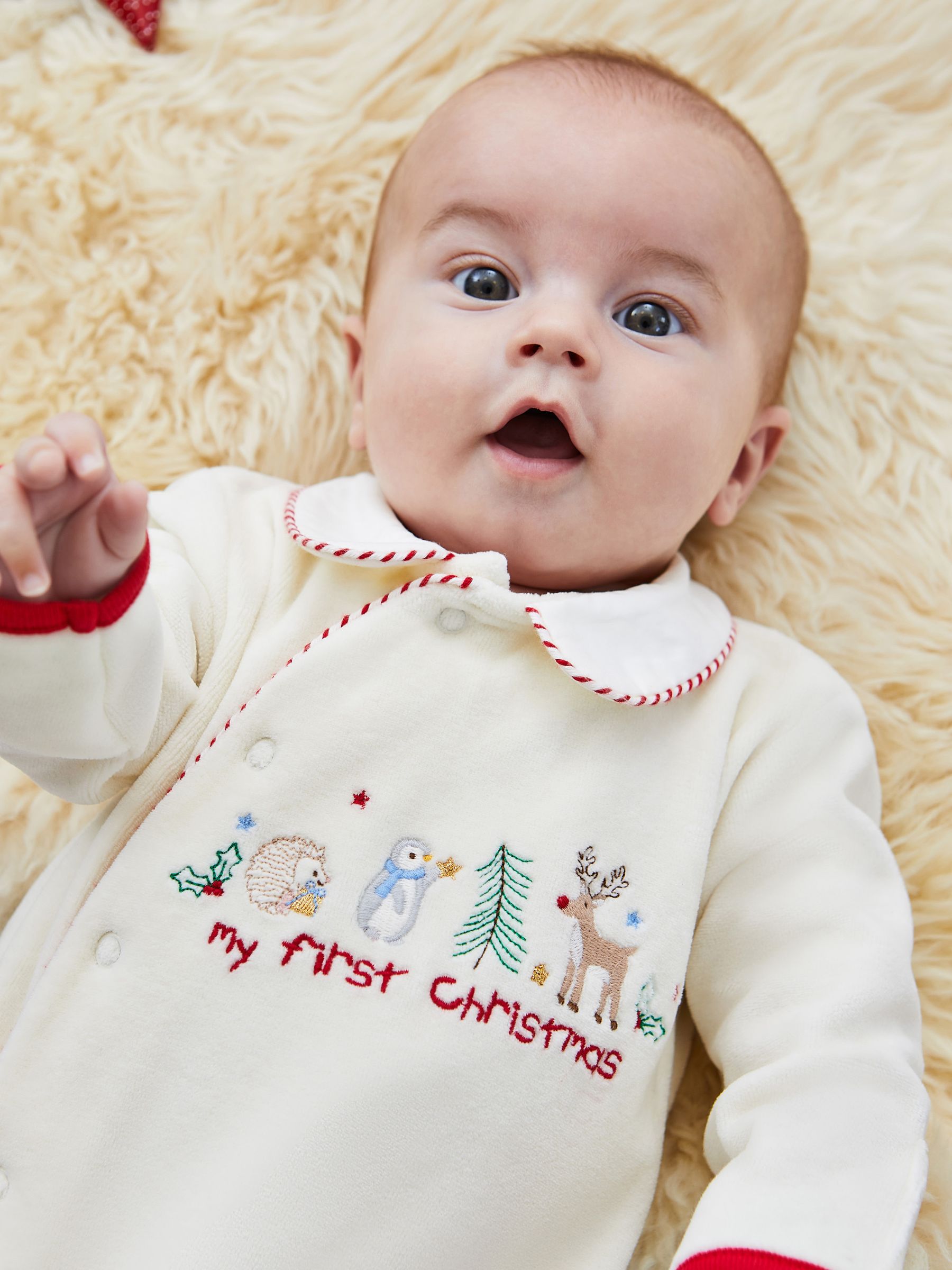 Ecru Cream Navy Blue Stripe My First Christmas Appliqué Baby All-In-One - Image 4 of 6