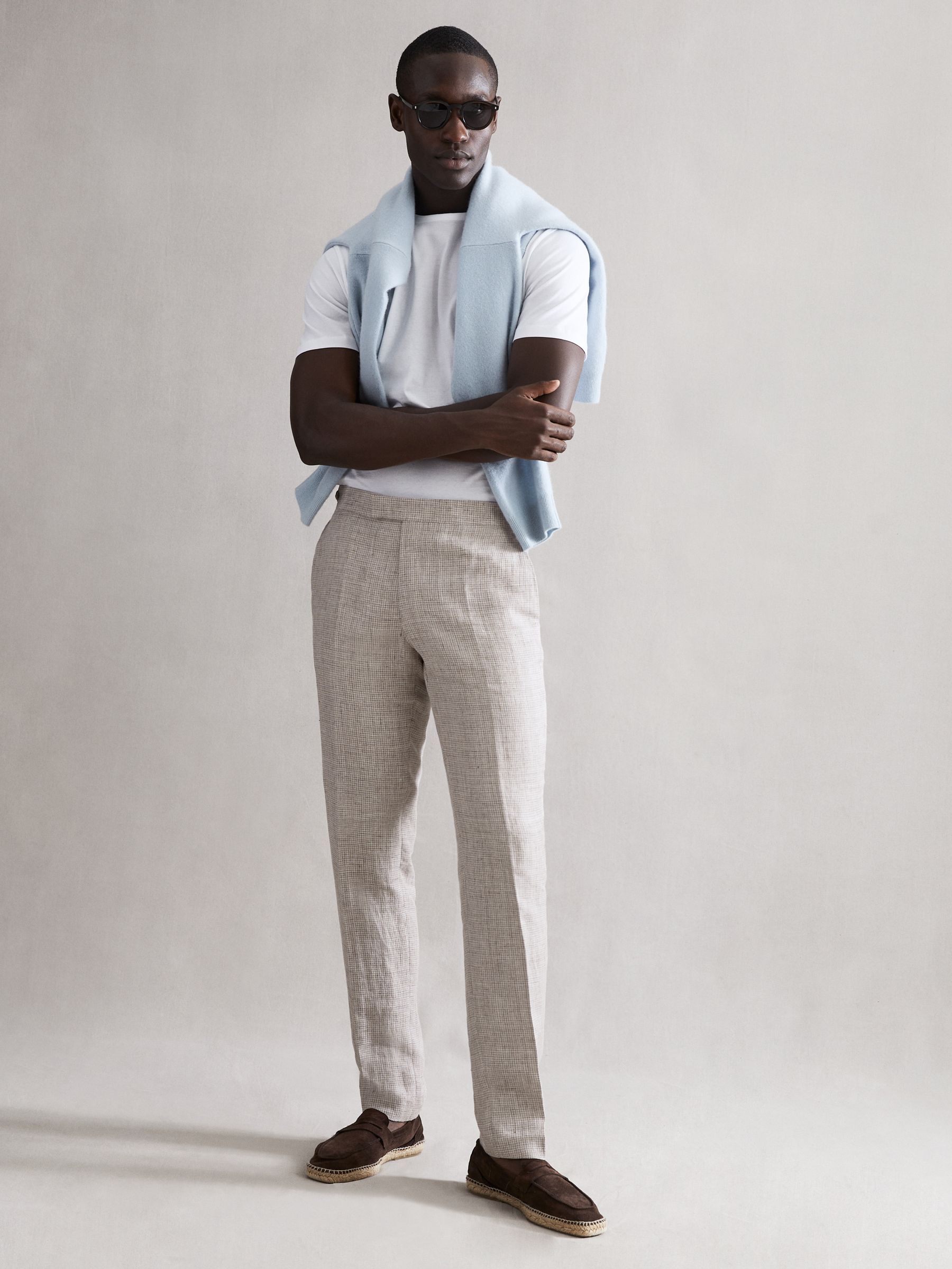 Slim Fit Linen Puppytooth Trousers in Oatmeal Melange - Image 1 of 6