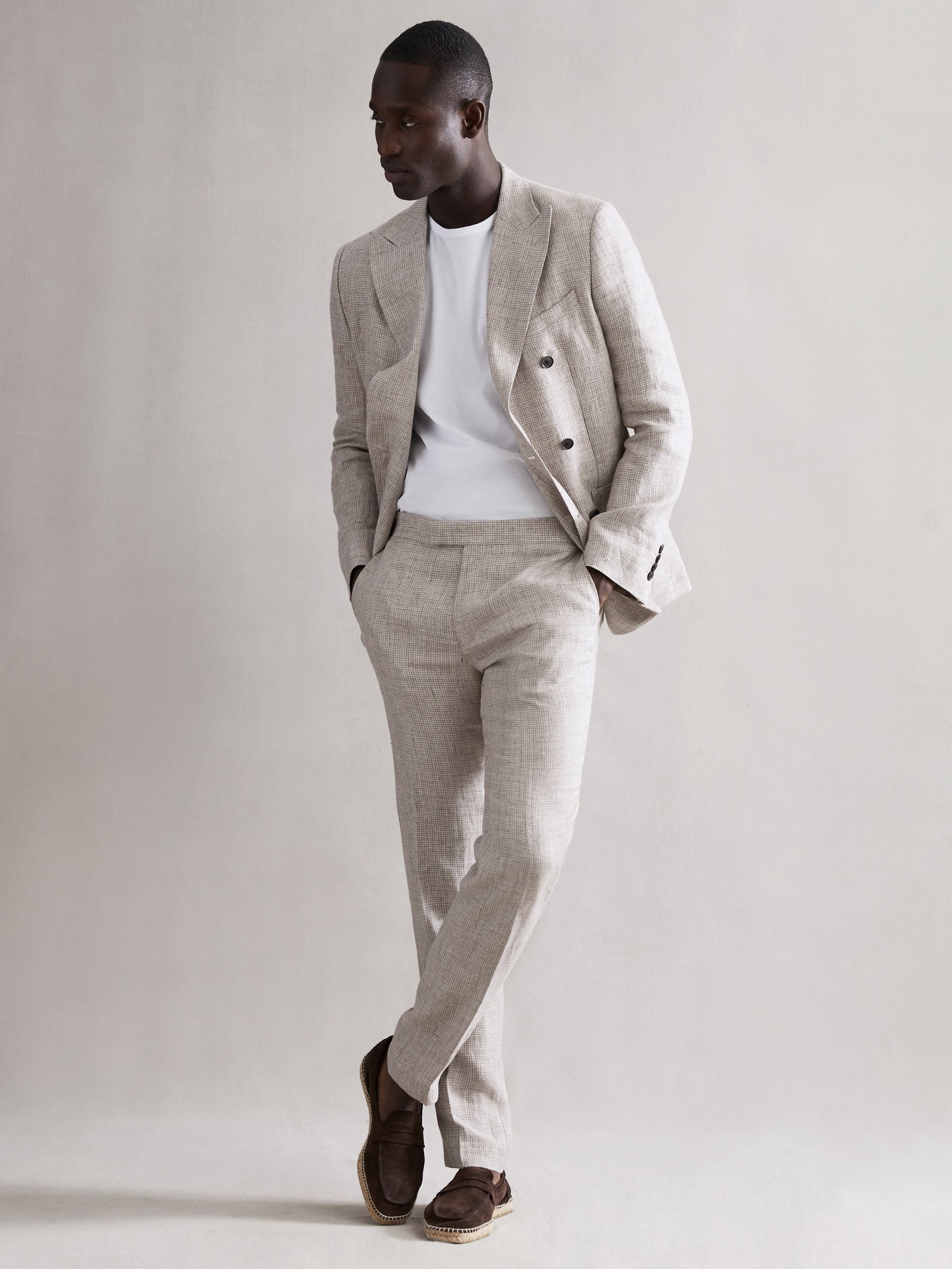 Slim Fit Linen Puppytooth Trousers in Oatmeal Melange - Image 4 of 6