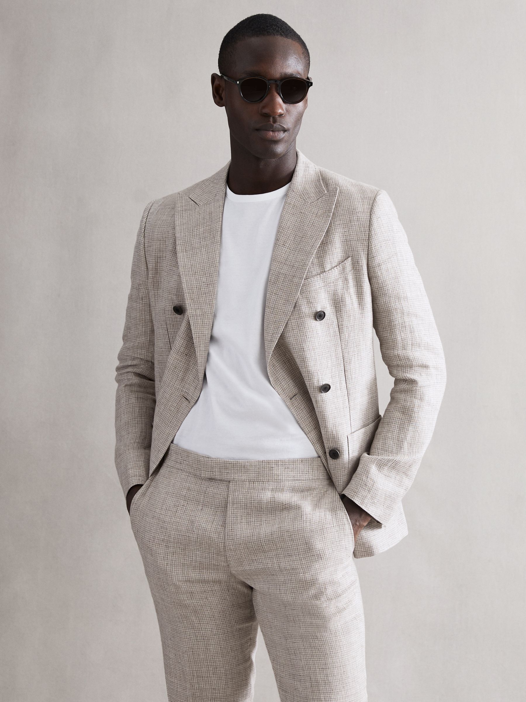 Slim Fit Linen Puppytooth Trousers in Oatmeal Melange - Image 6 of 6