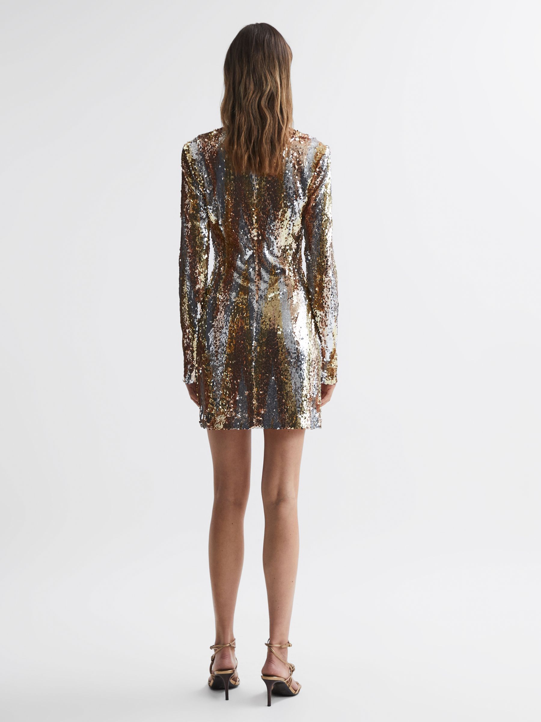 Halston Sequin Long Sleeve Mini Dress in Gold - Image 4 of 5