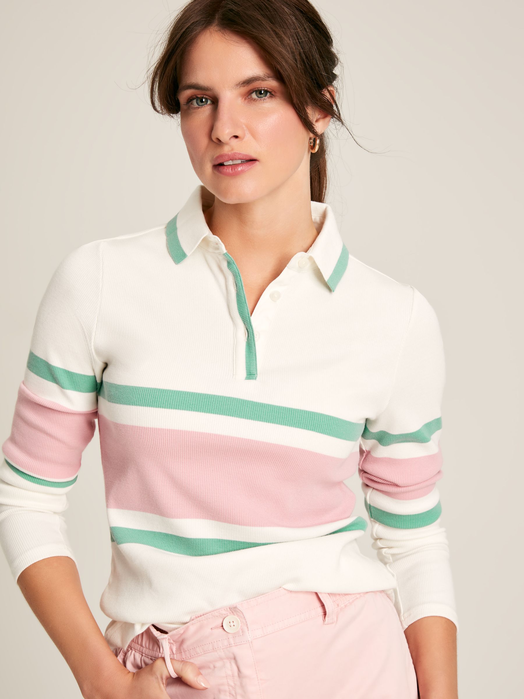 Fairfield Cream, Pink & Green Long Sleeve Ribbed Polo Shirt - Image 2 of 9