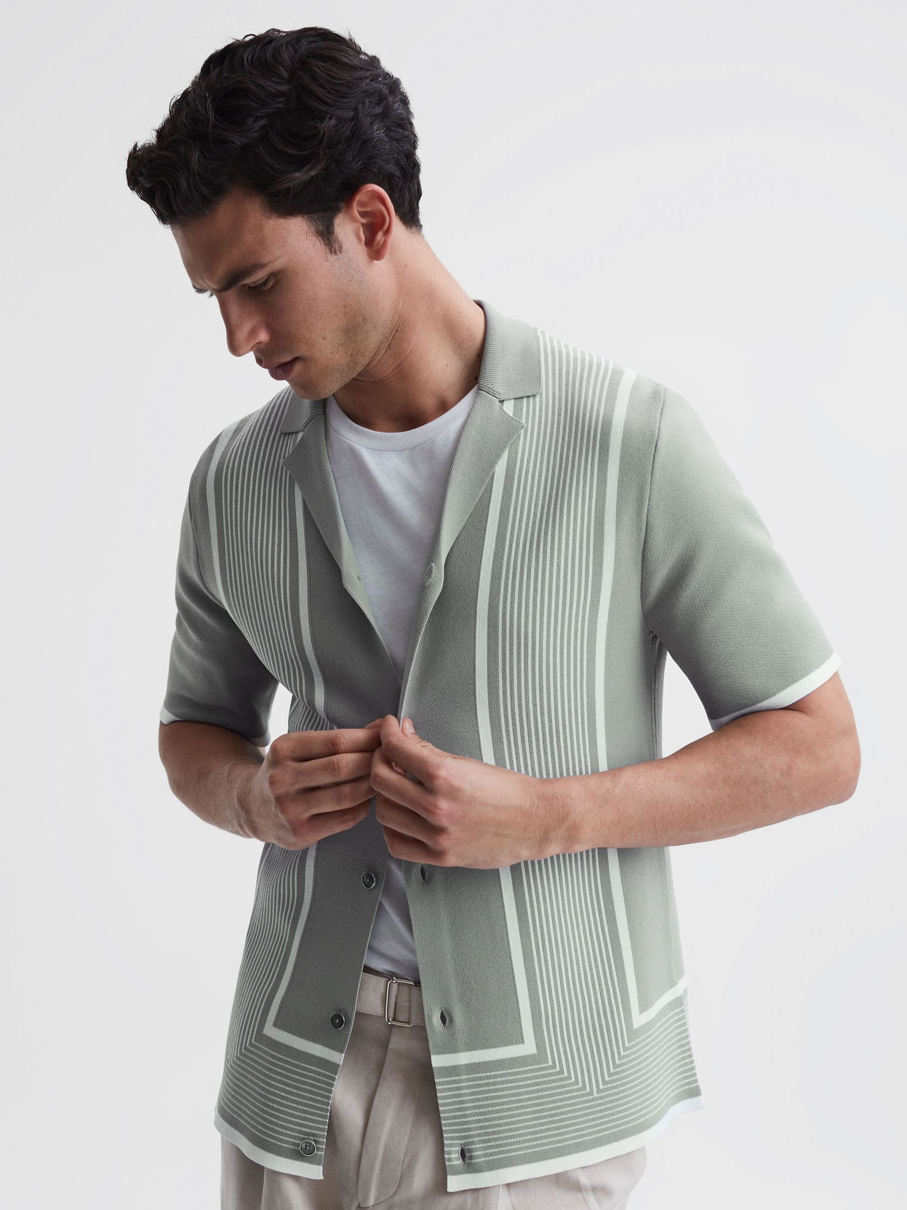 Striped Cuban Collar Shirt in Sage/White - Image 1 of 4