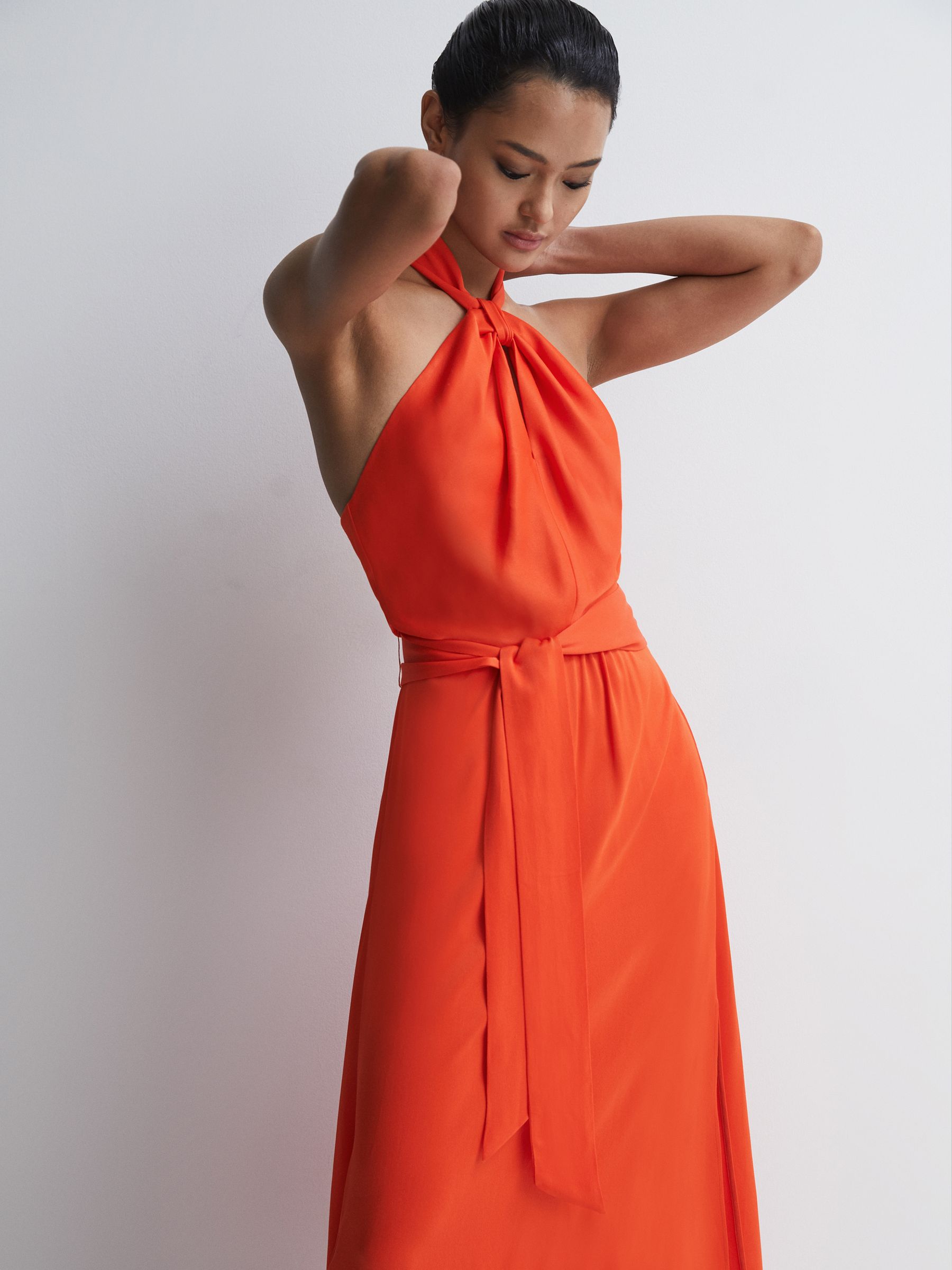 evelyn fitted halter neck midi dress Reiss Petite in Orange Blue floral