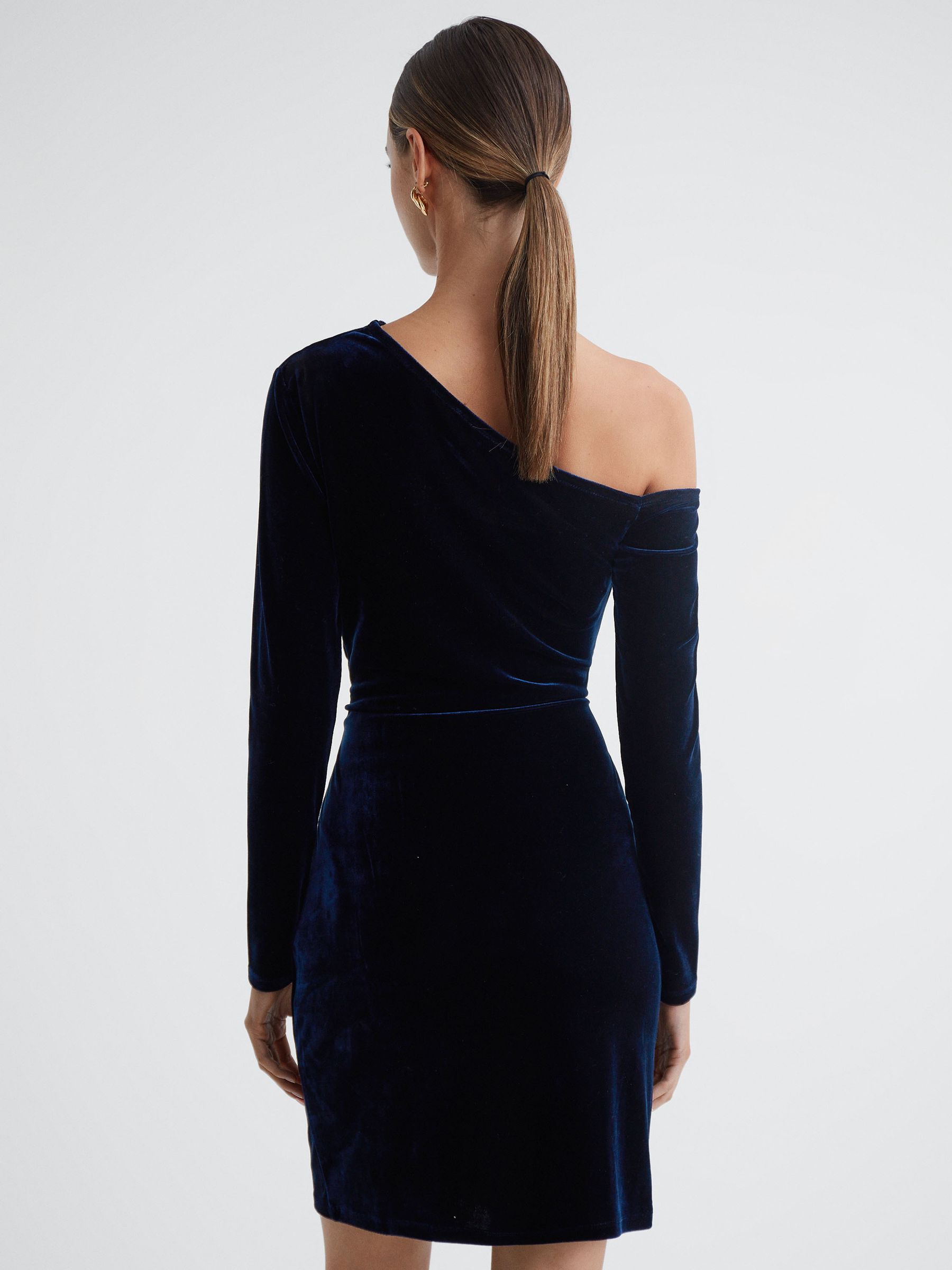 Velvet Off-The-Shoulder Mini Dress in Navy - Image 4 of 4