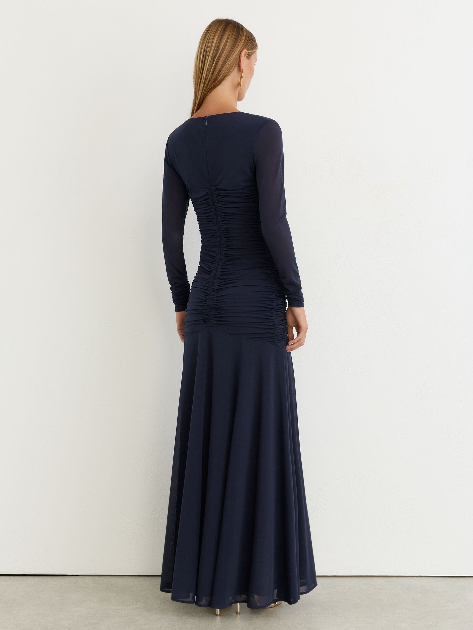 Petite Ruched Mesh Long-Sleeve Maxi Dress in Navy - Image 5 of 10