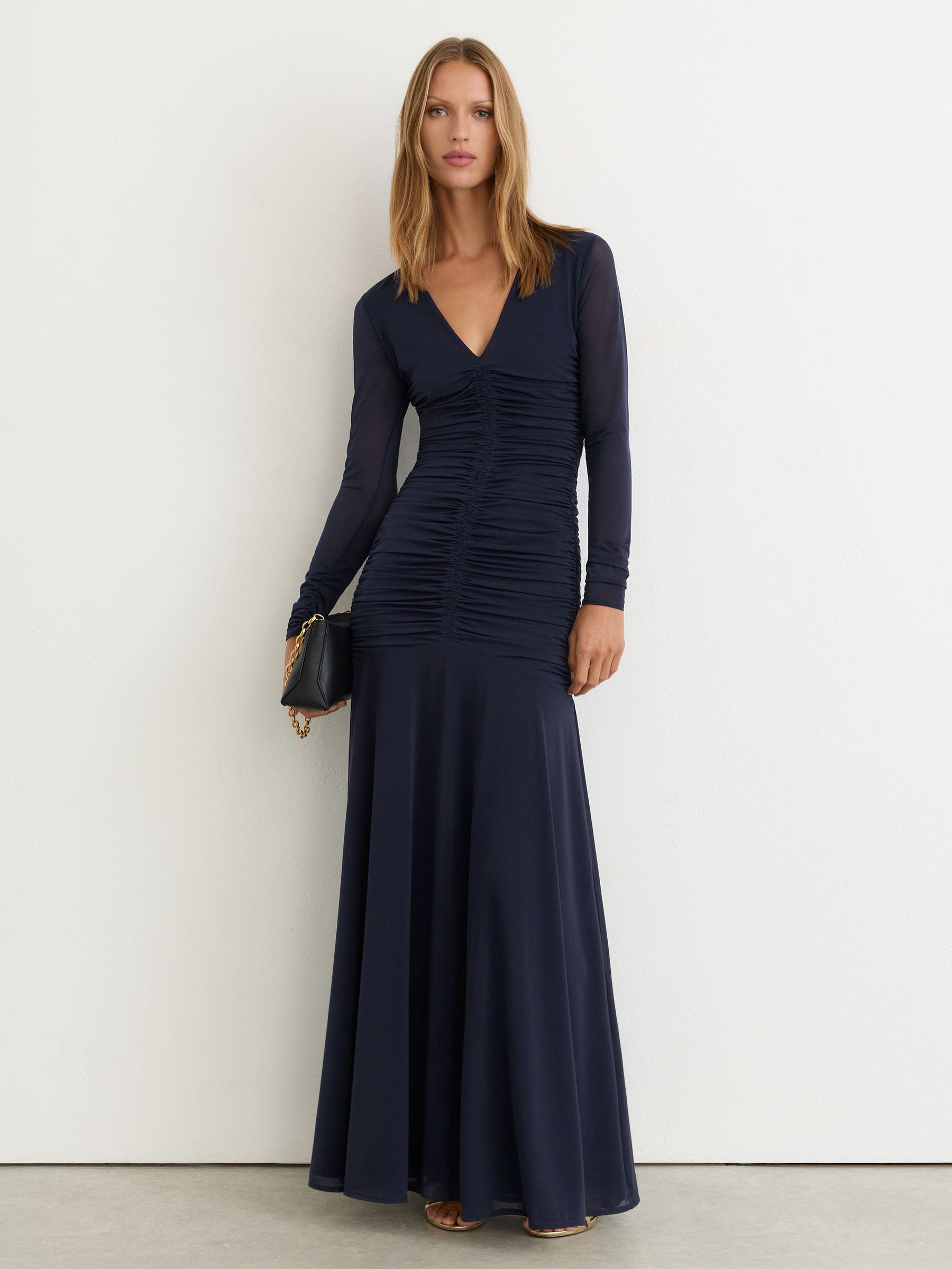 Petite Ruched Mesh Long-Sleeve Maxi Dress in Navy - Image 8 of 10