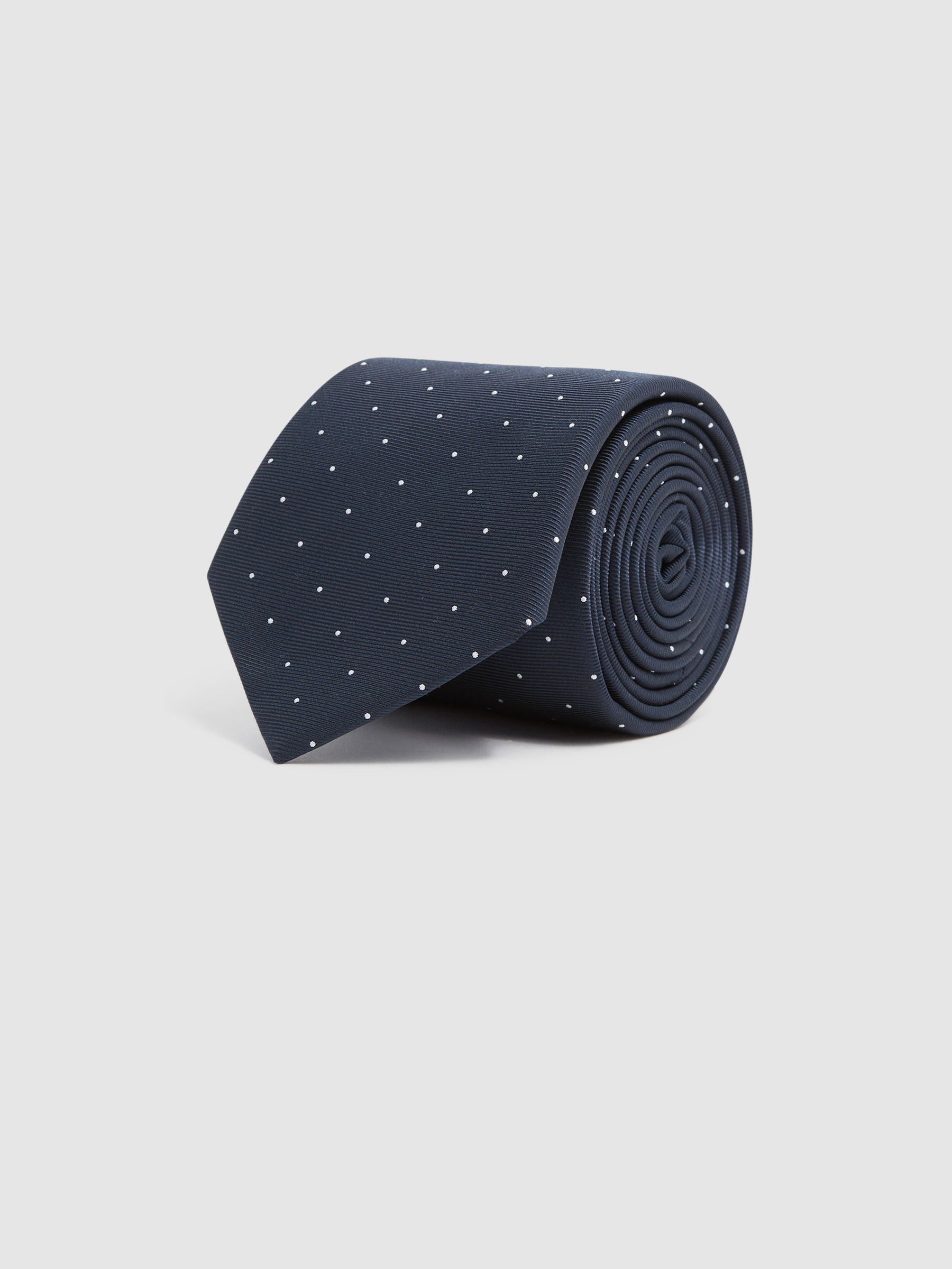 Polka Dot Silk Tie in Navy - Image 3 of 5