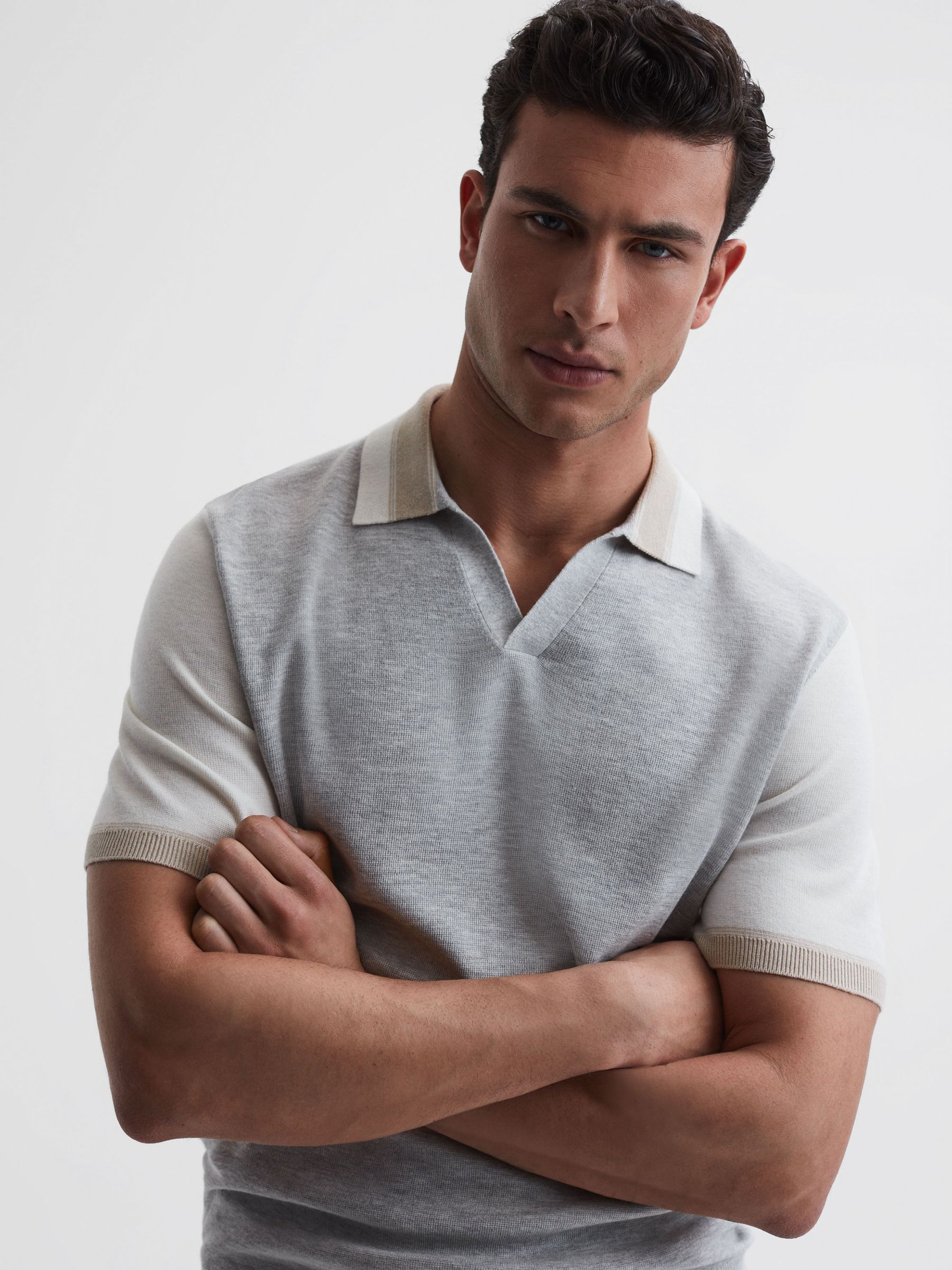 Open Collar Striped Polo Shirt in Soft Grey/White - Image 1 of 6