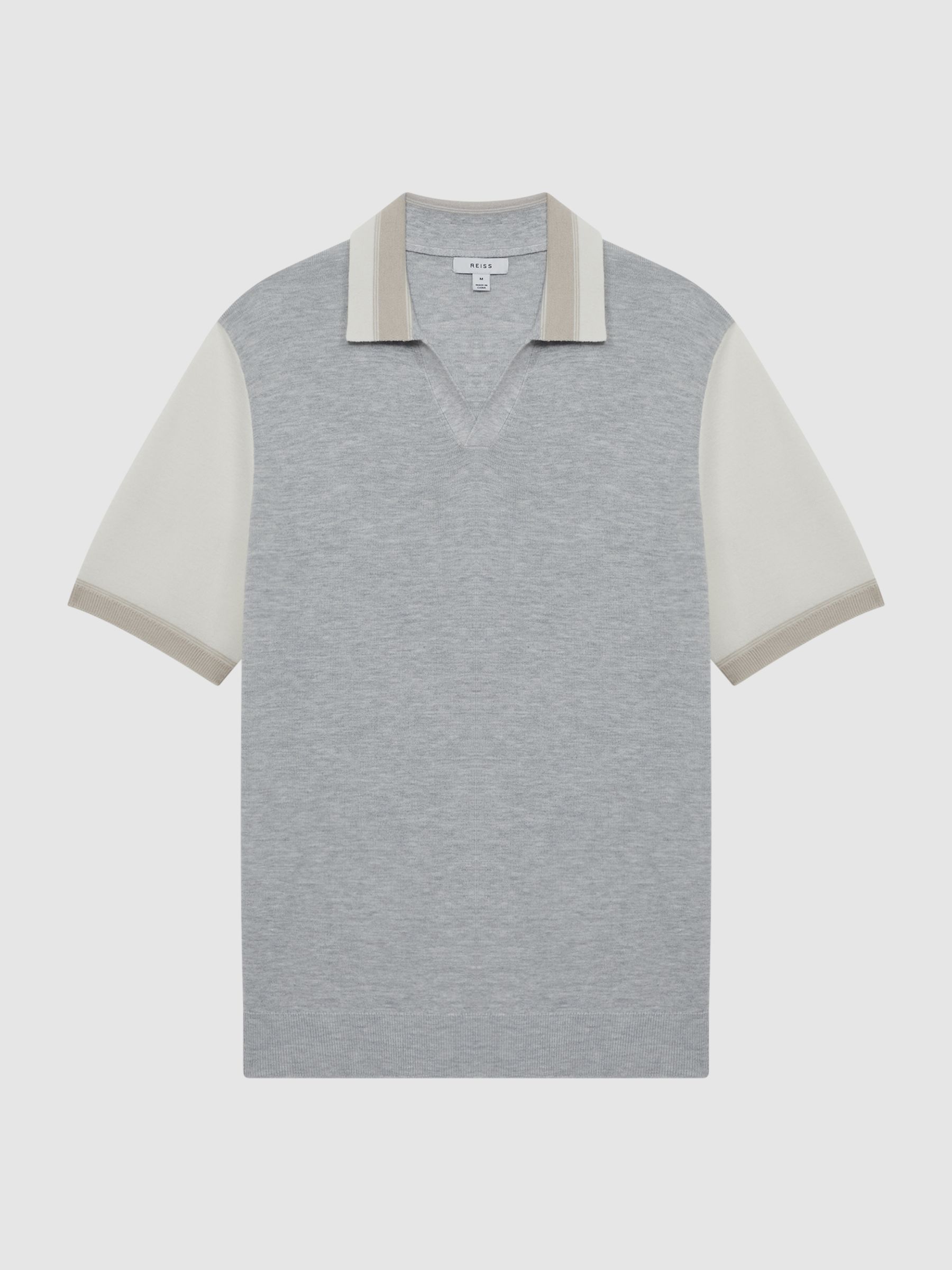 Open Collar Striped Polo Shirt in Soft Grey/White - Image 2 of 6