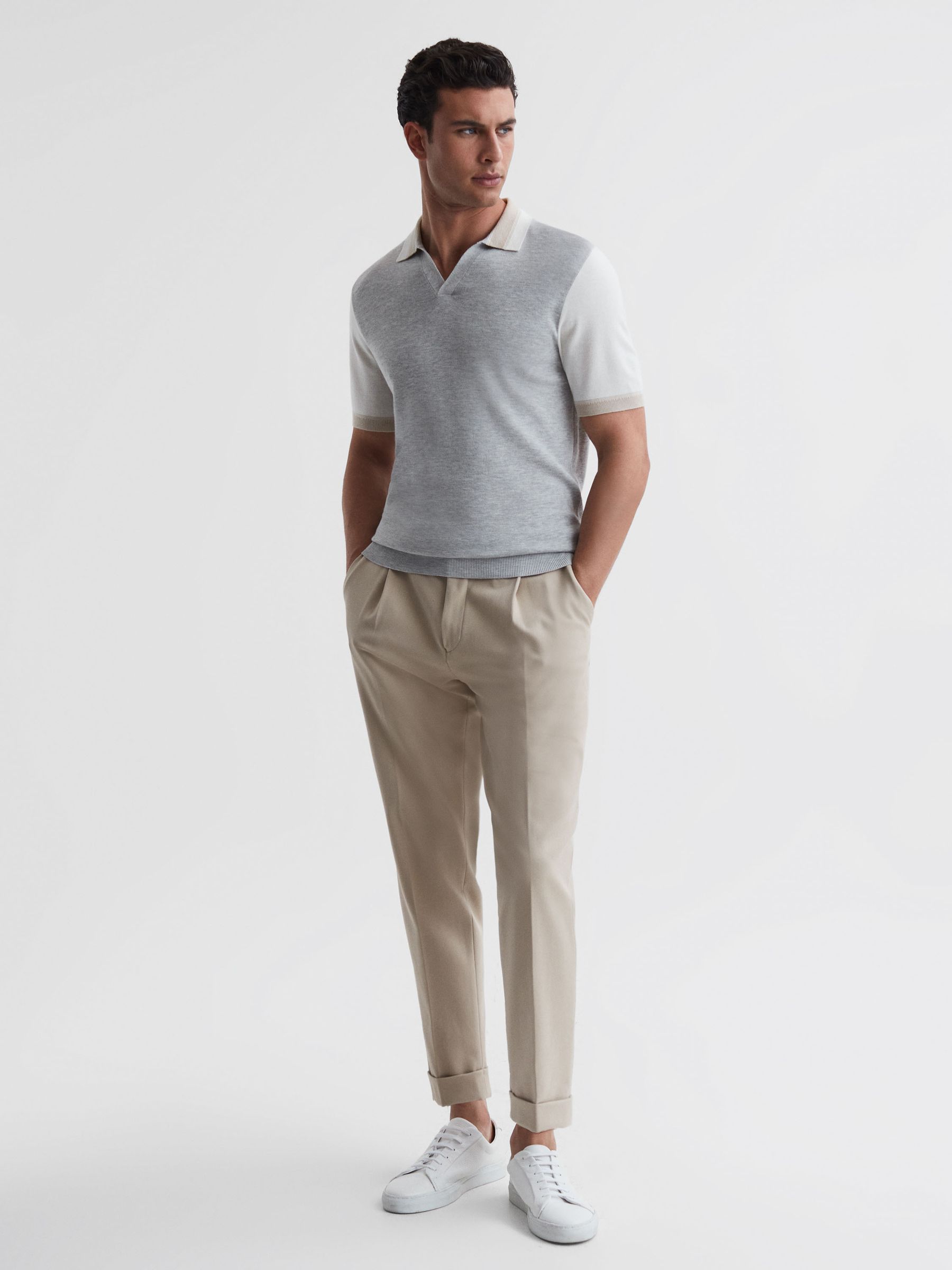 Open Collar Striped Polo Shirt in Soft Grey/White - Image 3 of 6