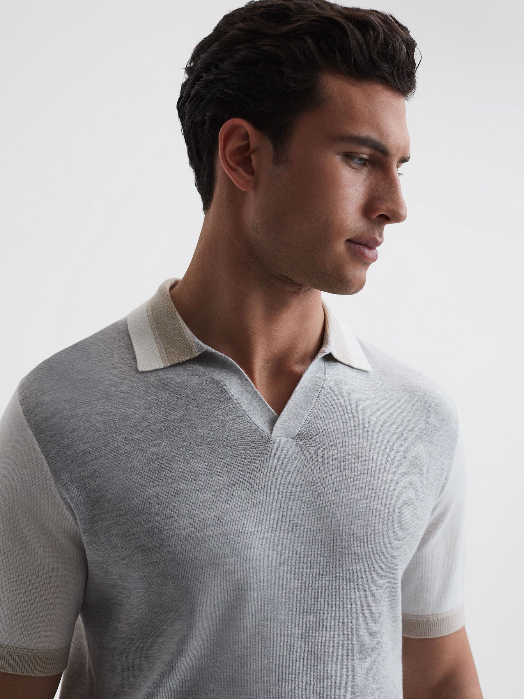 Open Collar Striped Polo Shirt in Soft Grey/White - Image 4 of 6