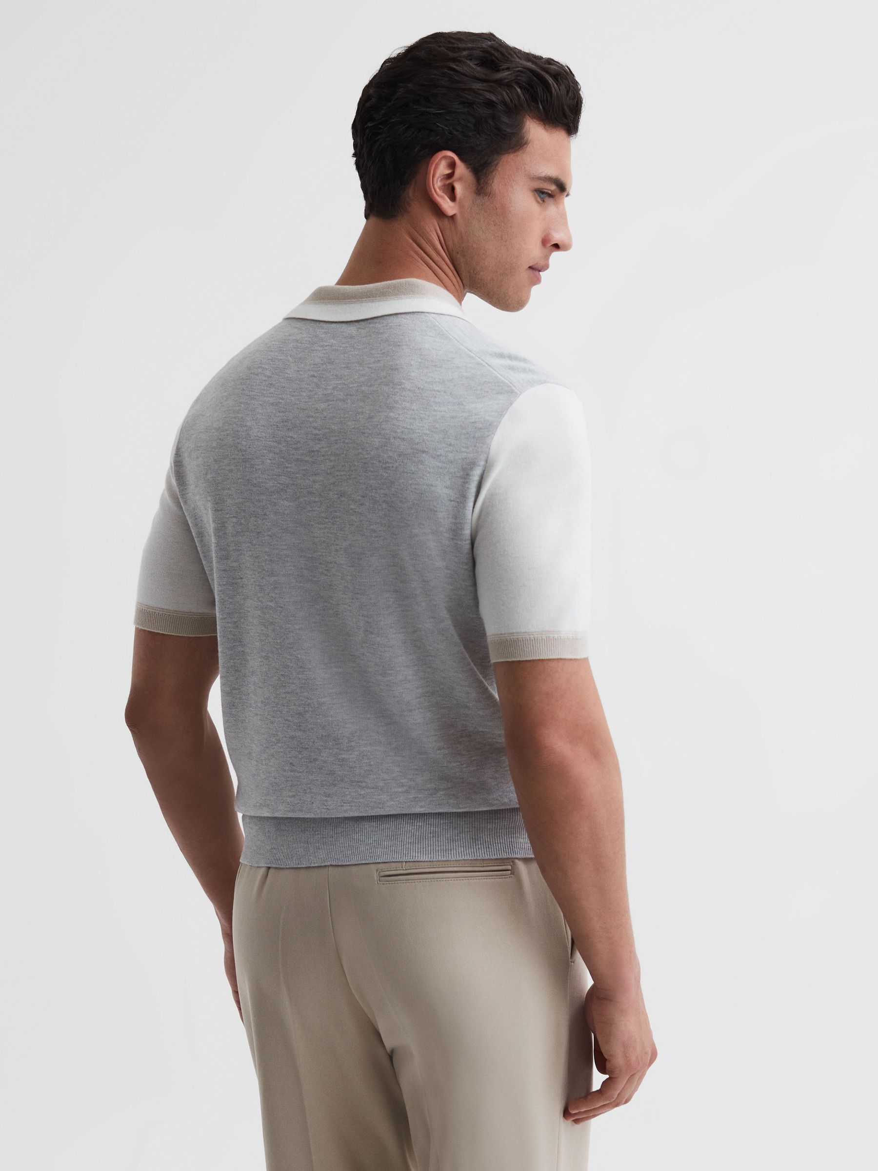 Open Collar Striped Polo Shirt in Soft Grey/White - Image 5 of 6