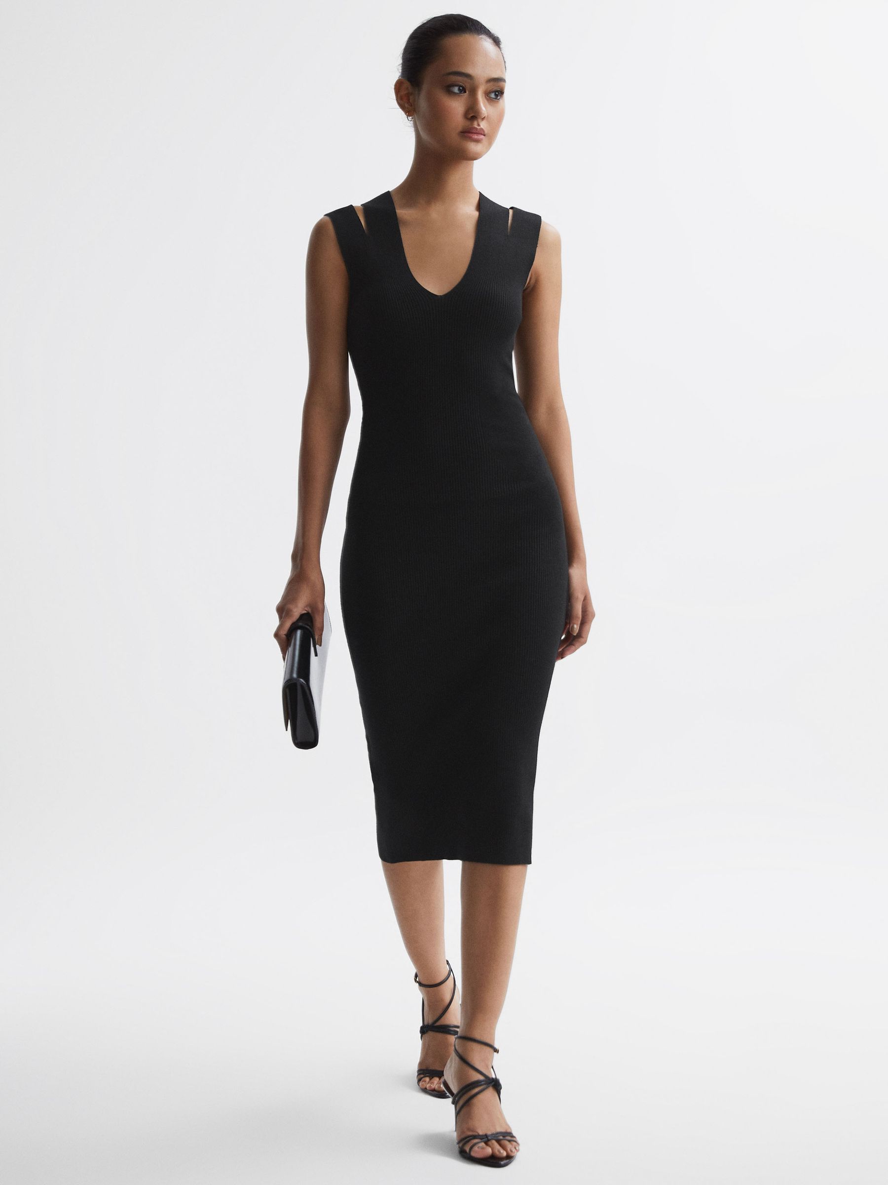 Knitted Double Strap Midi Dress in Black - Image 3 of 5