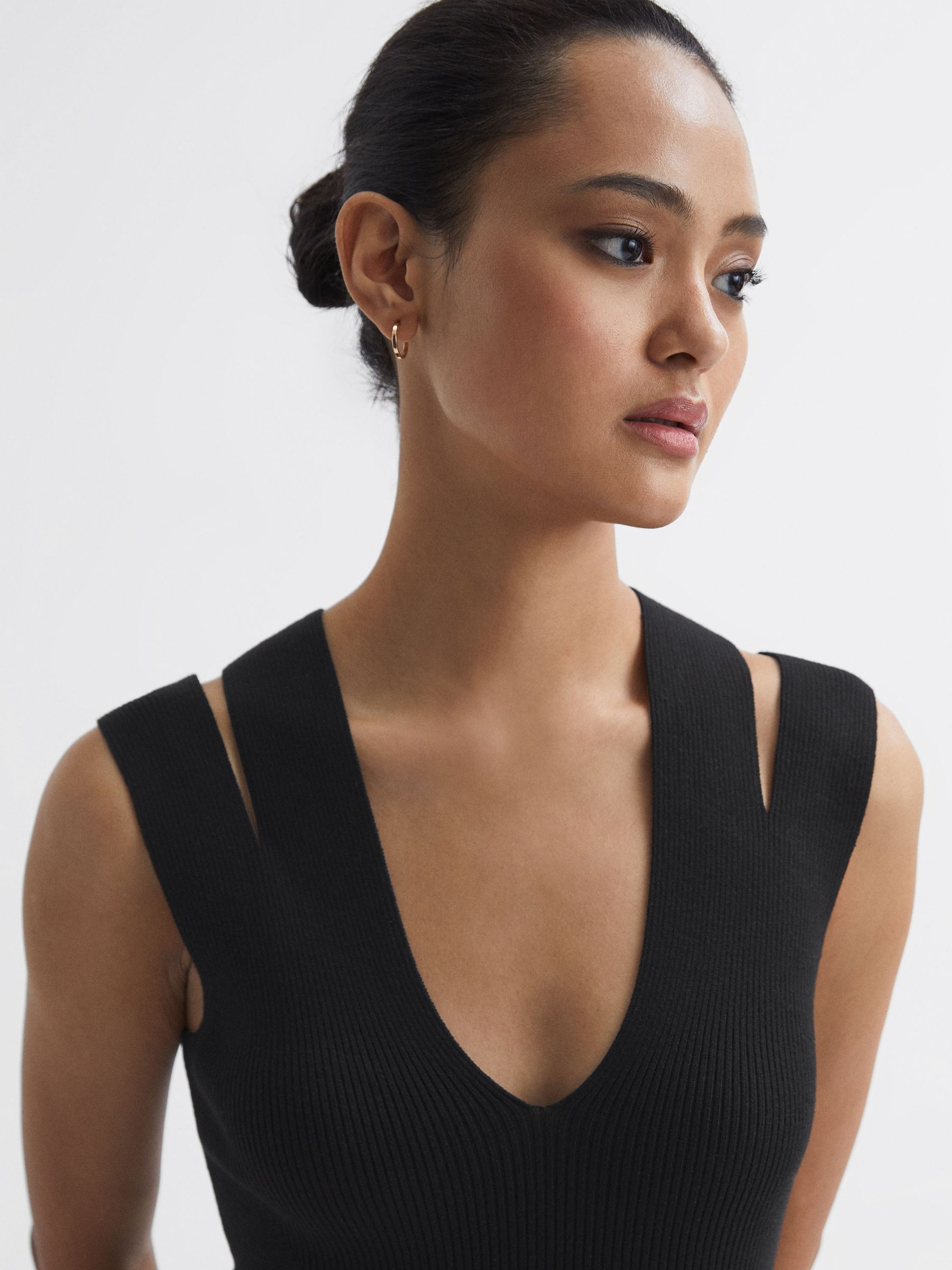 Knitted Double Strap Midi Dress in Black - Image 4 of 5