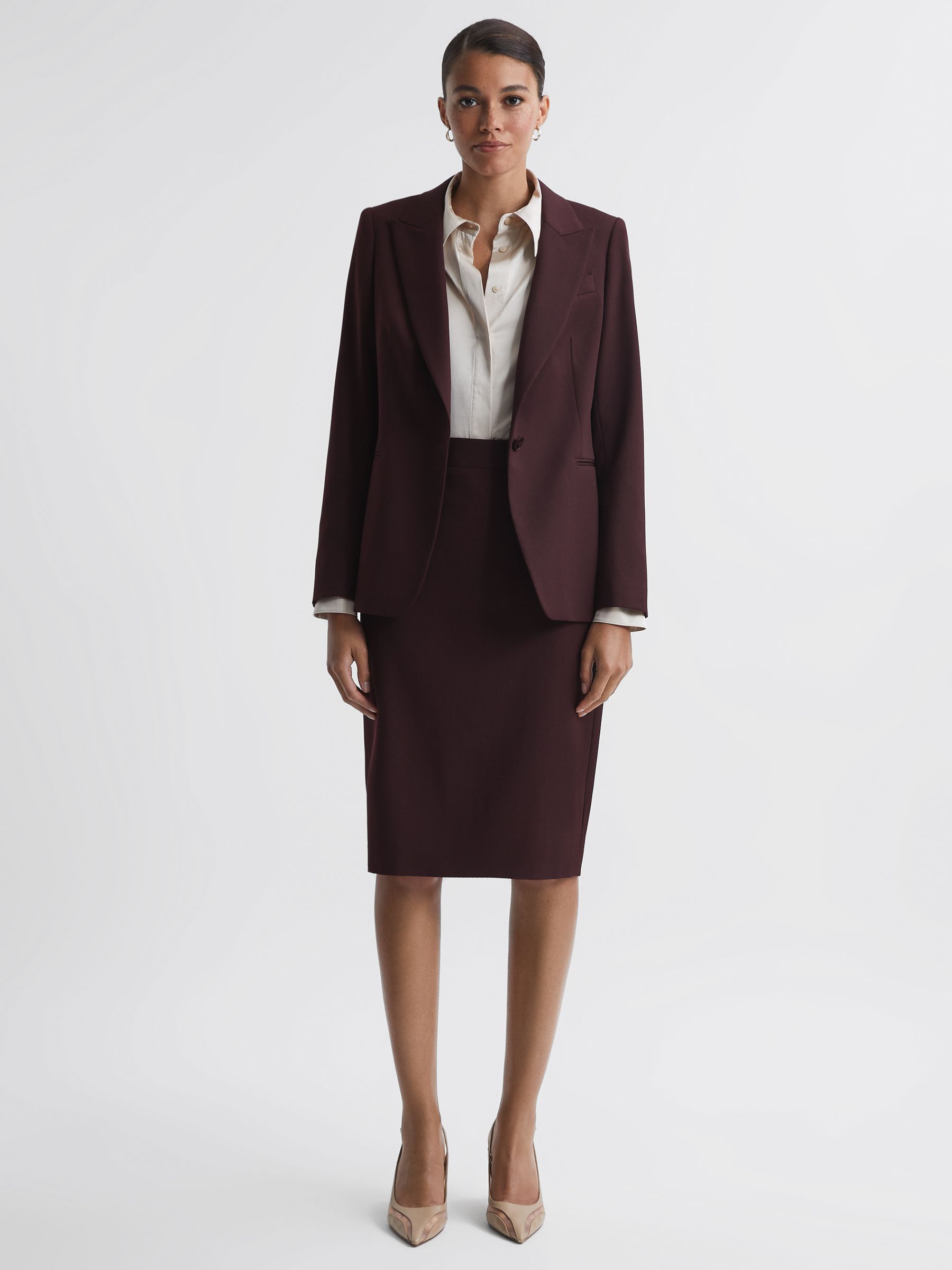 Wool Blend Fitted Midi Skirt in Berry - Image 3 of 5