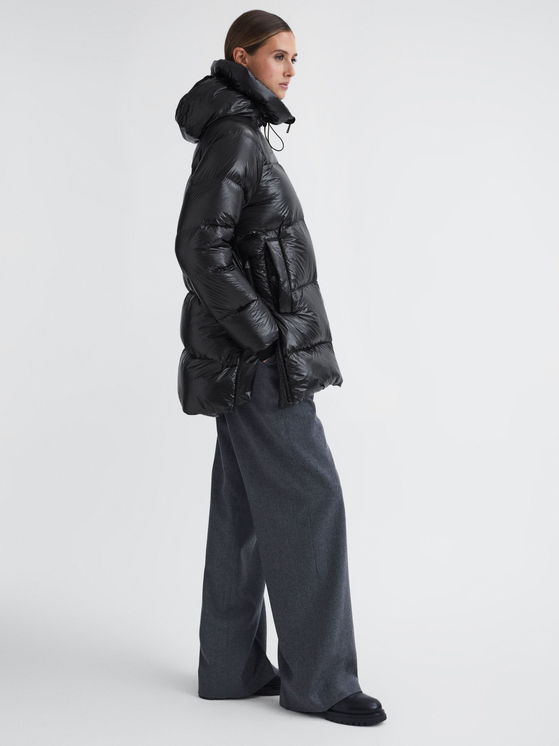 Shiny Mid Length Puffer Coat in Black - Image 1 of 5