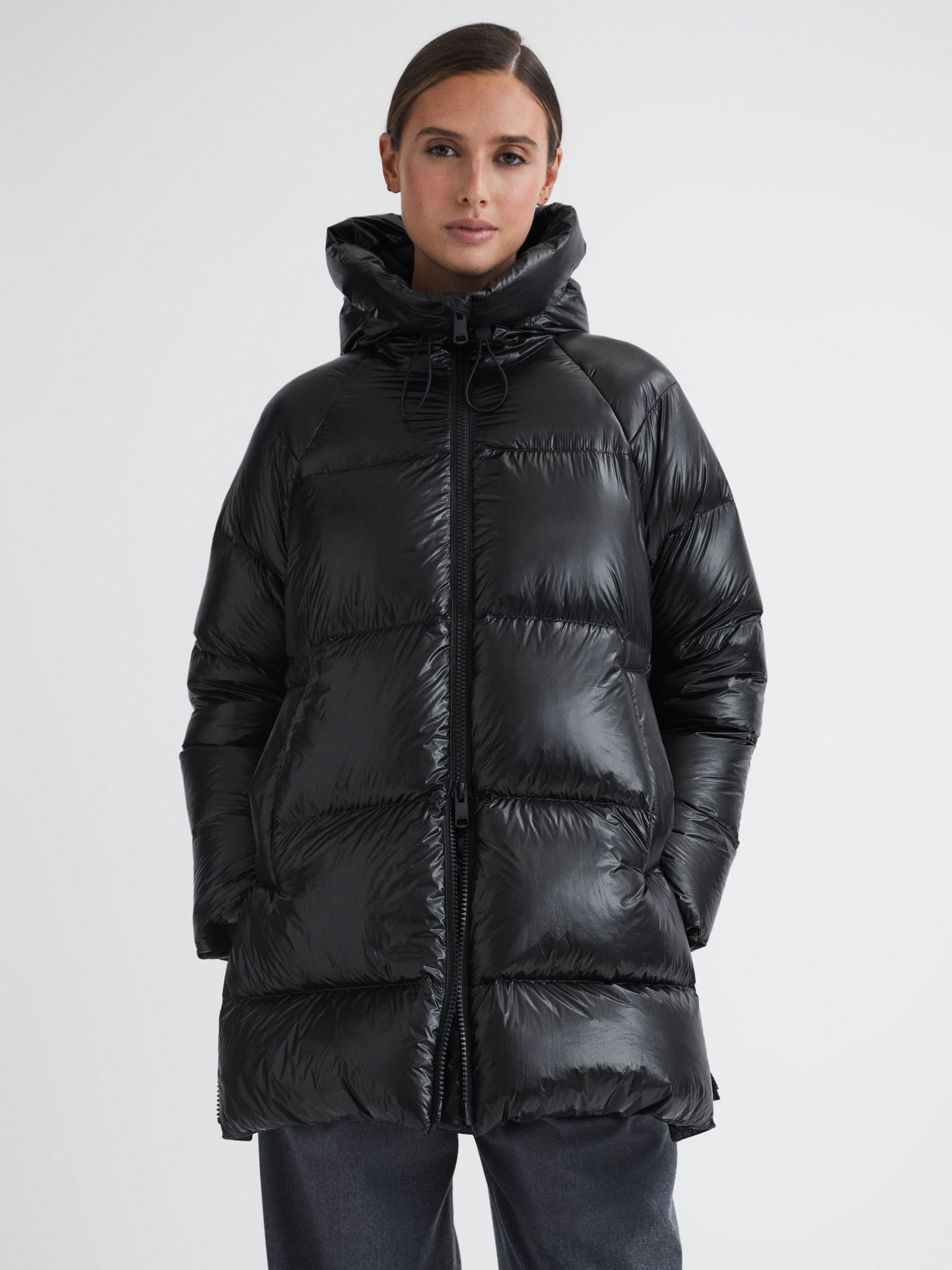 Shiny Mid Length Puffer Coat in Black - Image 4 of 5