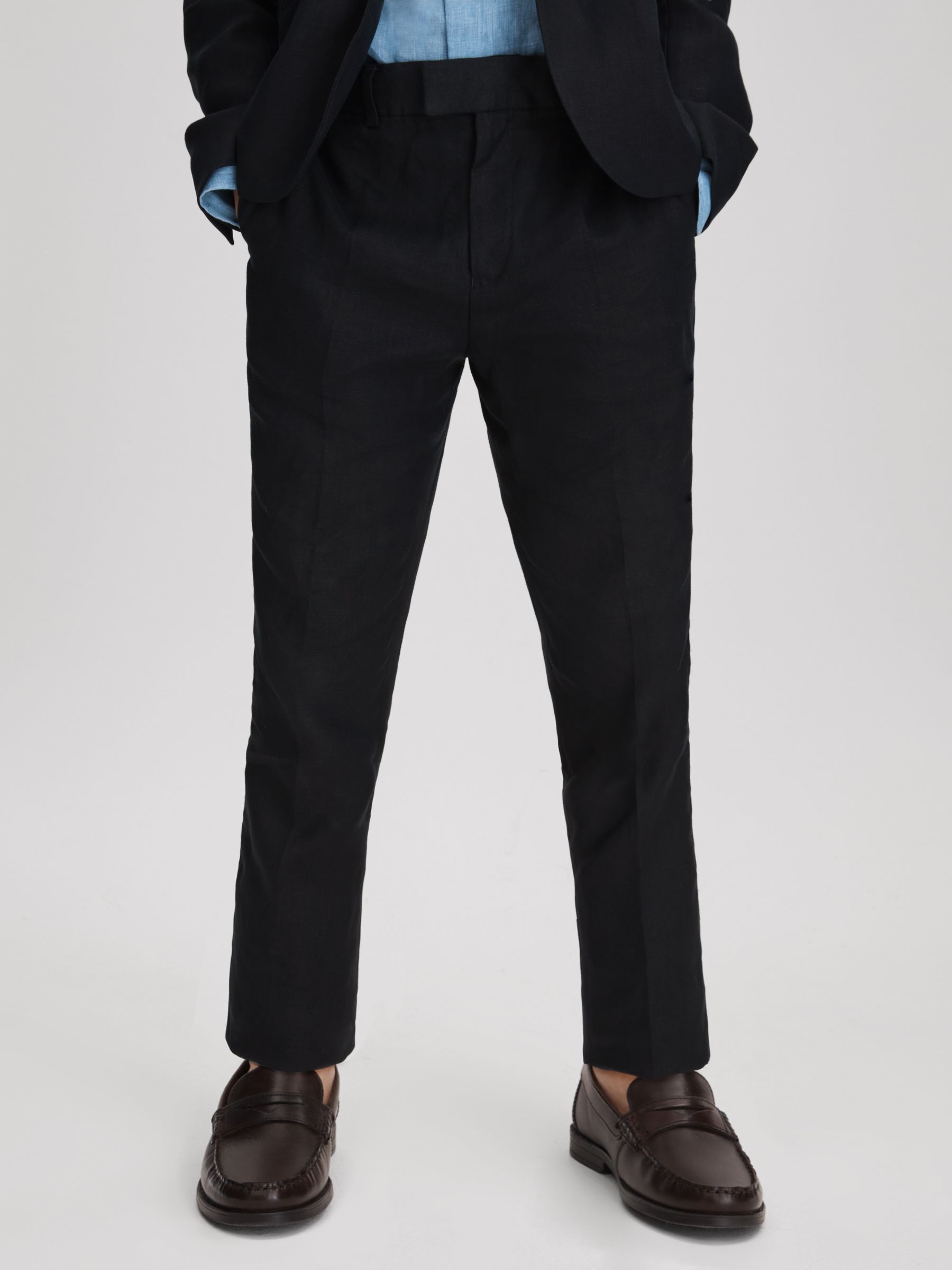 Slim Fit Linen Adjustable Trousers in Navy - Image 1 of 4 Slim Fit Linen Adjustable Trousers in Navy - Image 1 of 4