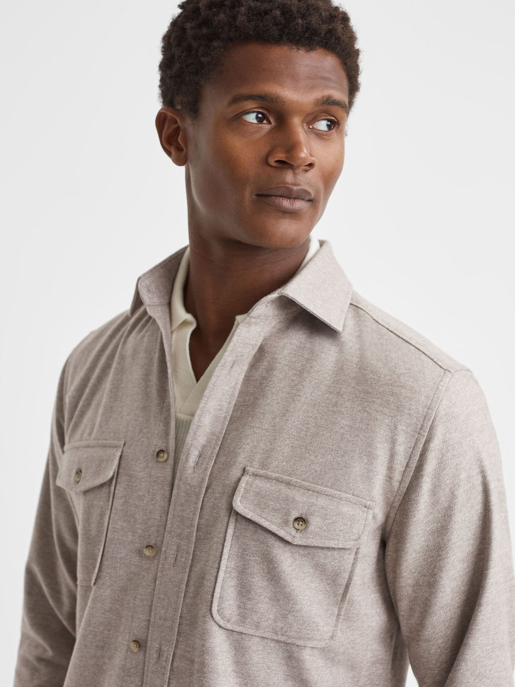 Chaser Wheat Melange Button-Through Twin Pocket Overshirt - Image 1 of 5