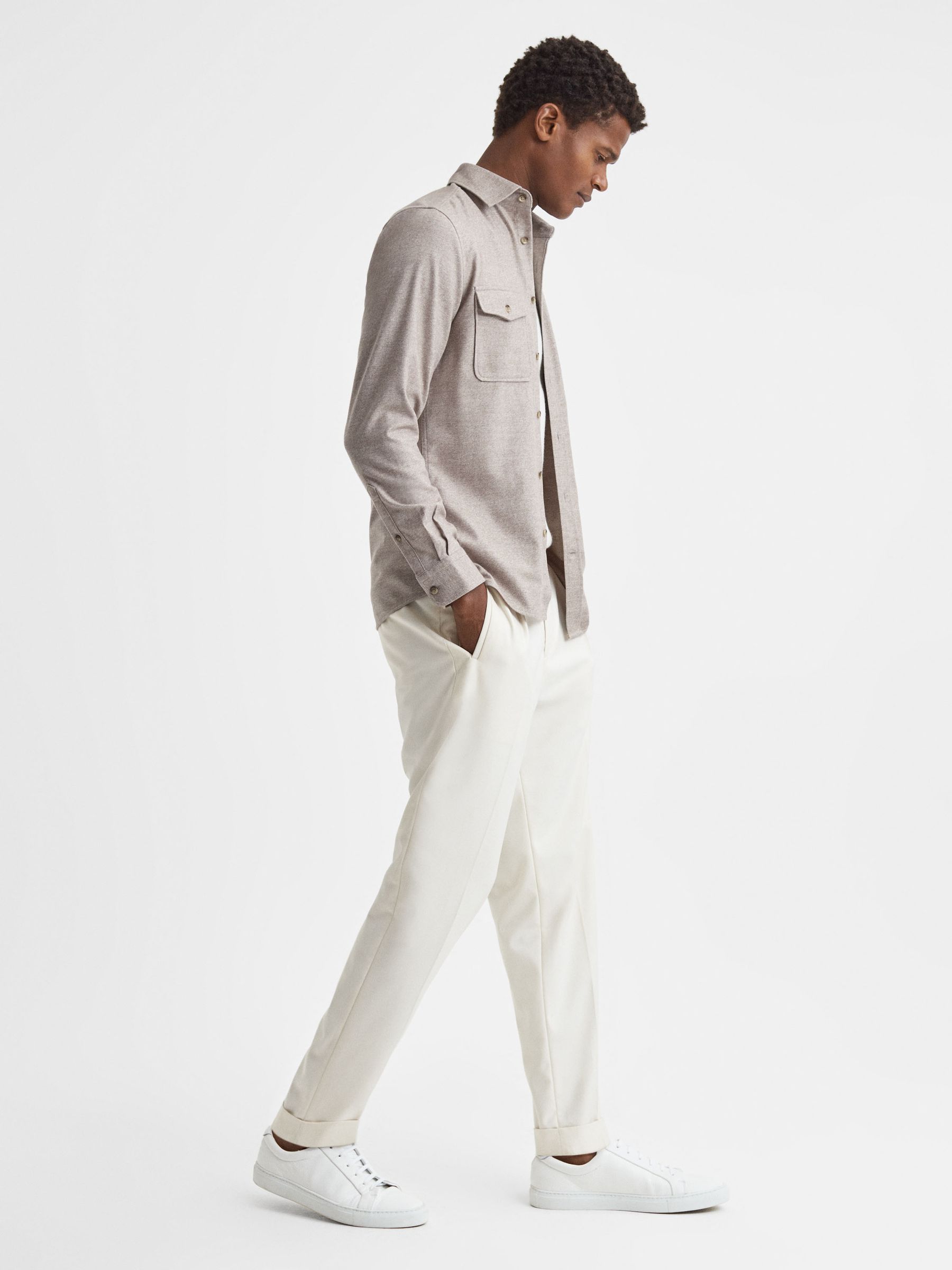 Reiss Chaser Wheat Melange Button-Through Twin Pocket Overshirt
