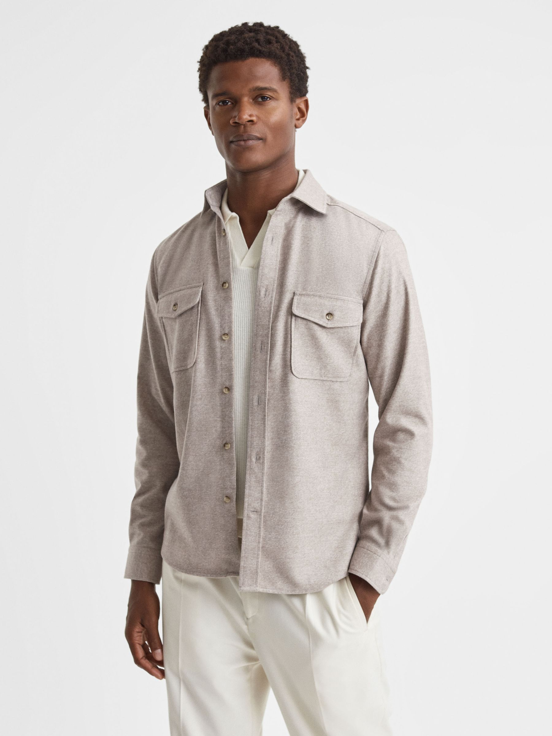 Chaser Wheat Melange Button-Through Twin Pocket Overshirt - Image 4 of 5