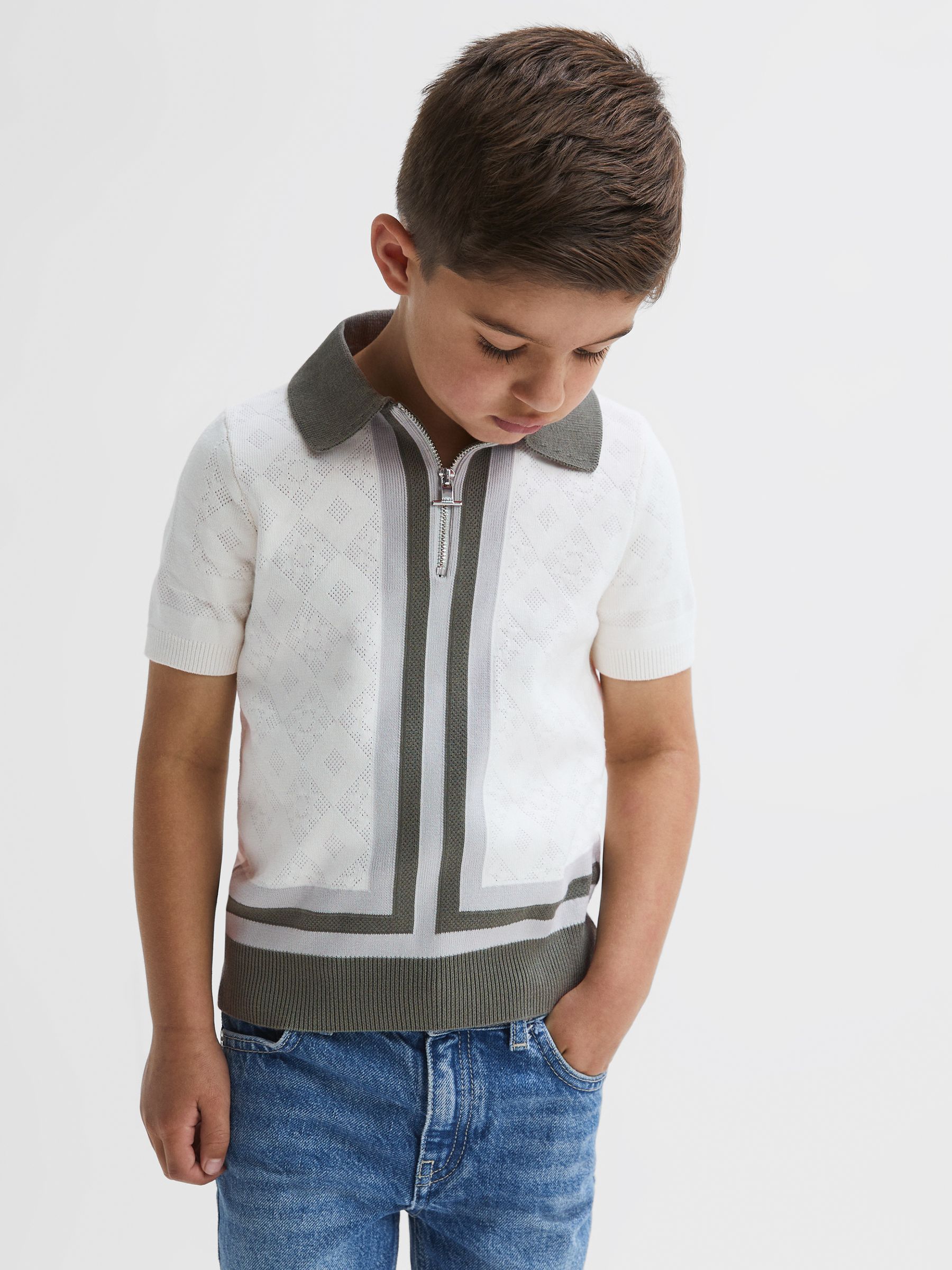 Junior Cotton Knitted Half-Zip Polo T-Shirt in Ecru/Green - Image 1 of 6