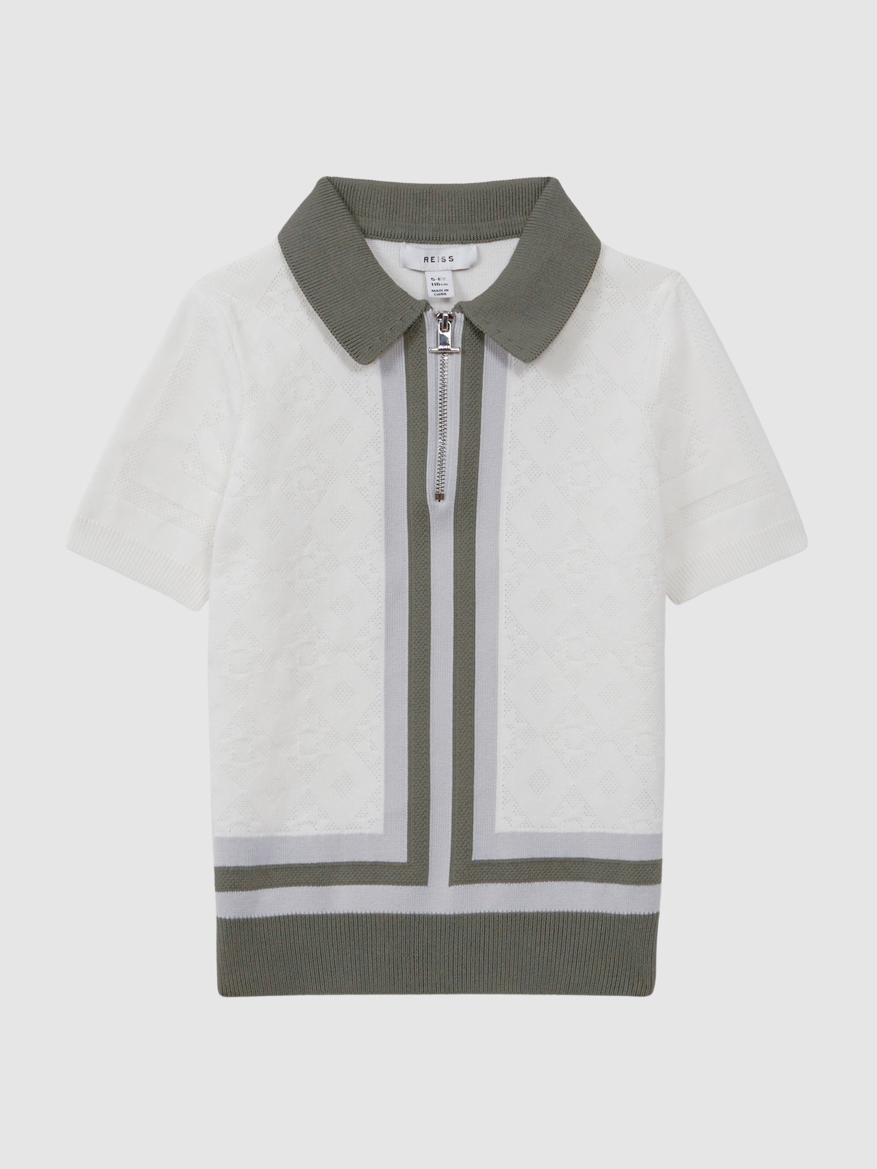 Junior Cotton Knitted Half-Zip Polo T-Shirt in Ecru/Green - Image 2 of 6